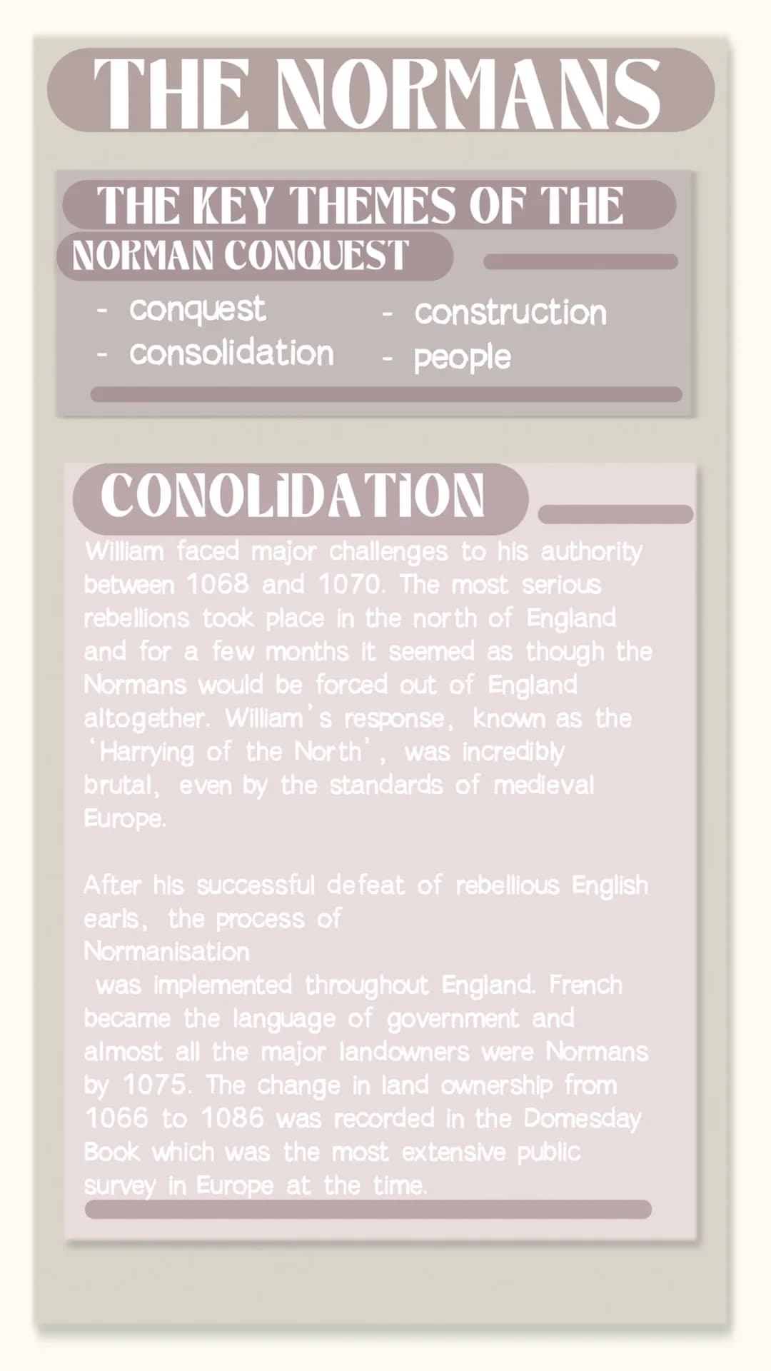 # THE NORMANS
## THE KEY THEMES OF THE NORMAN CONQUEST
- conquest
- consolidation
- construction
- people
### CONQUEST
Chroniclers writing