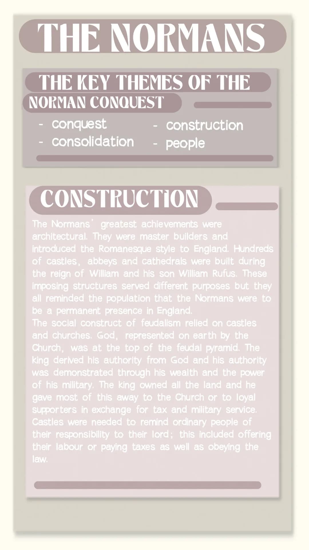 # THE NORMANS
## THE KEY THEMES OF THE NORMAN CONQUEST
- conquest
- consolidation
- construction
- people
### CONQUEST
Chroniclers writing