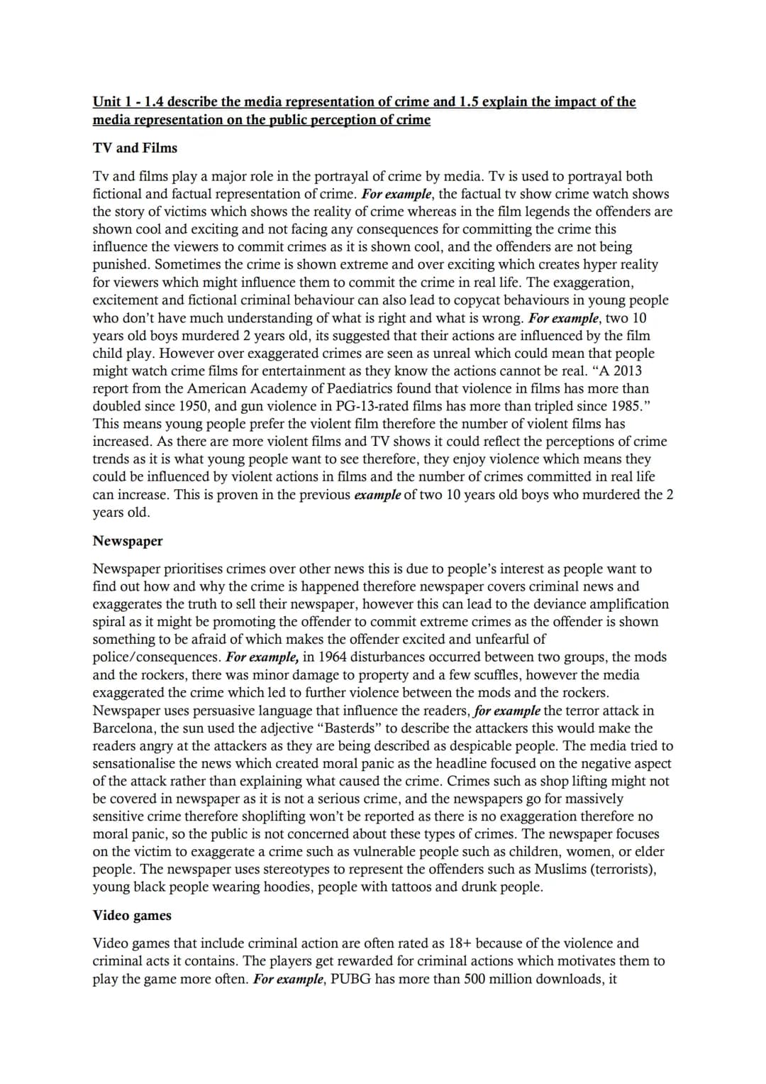 # Unit 1-1.4 describe the media representation of crime and 1.5 explain the impact of the media representation on the public perception of c