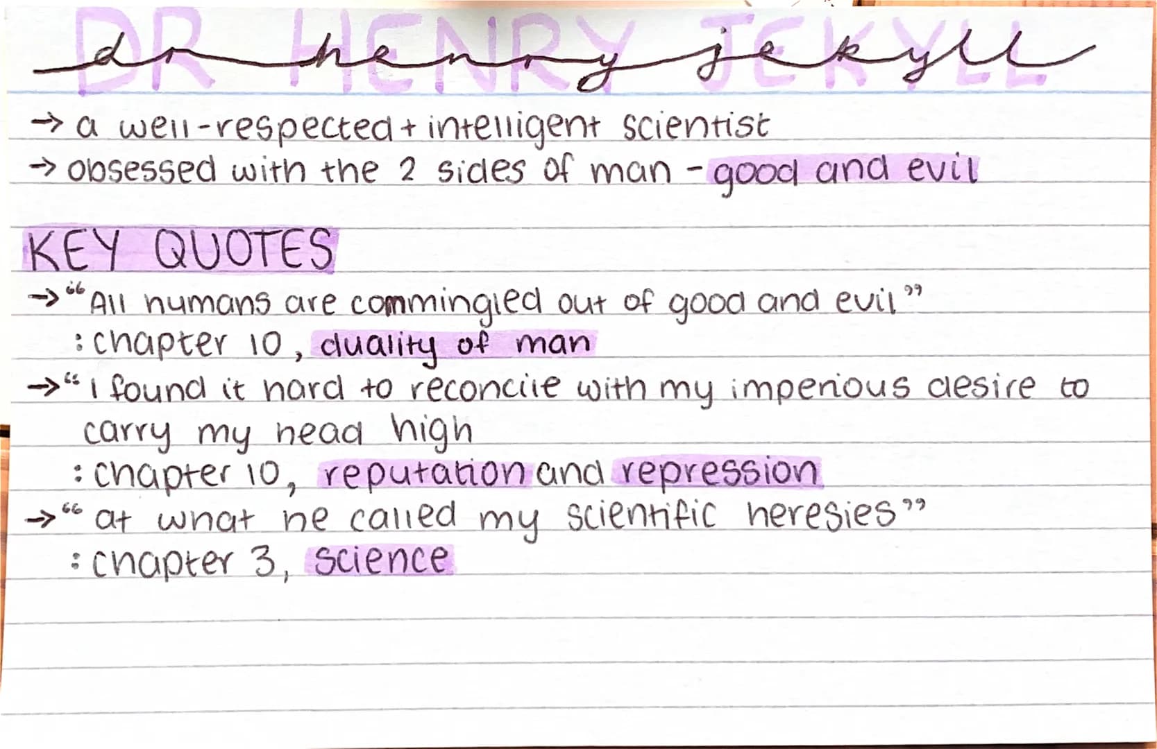 # dohenryjekyll
- a well-respected + intelligent scientist
- obsessed with the 2 sides of man - good and evil
## KEY QUOTES
- "All numans a