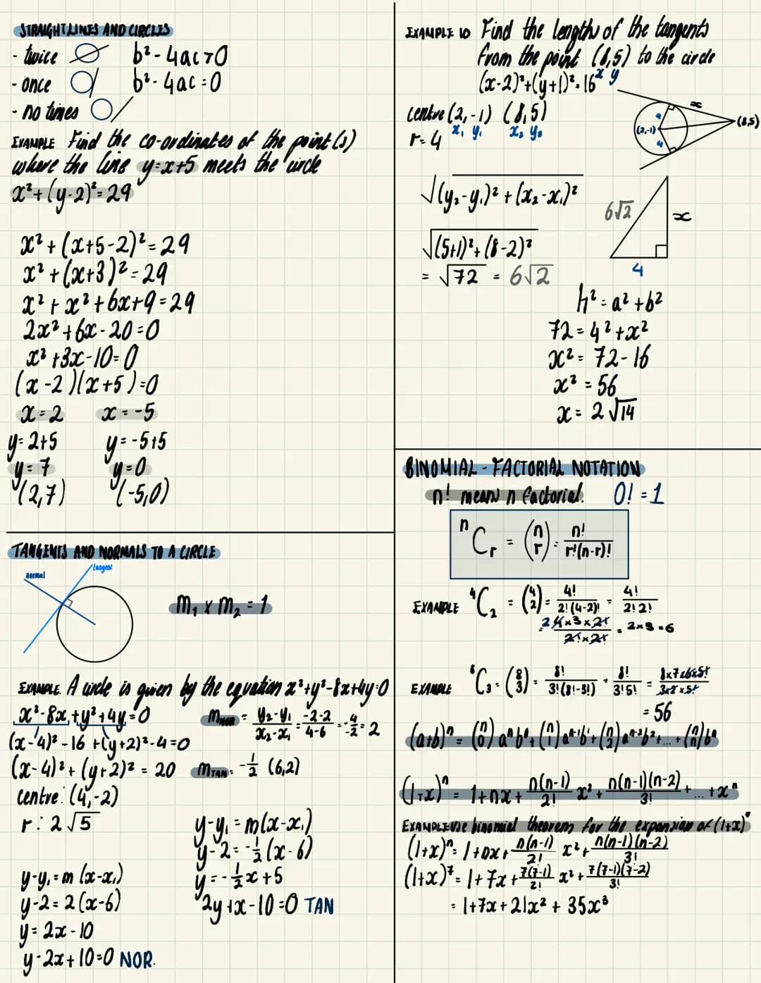 # STRAIGHTLINES AND CIRCLES
- twice $b^2-4ac > 0$
- once $b^2-4ac = 0$
- no times
## EXAMPLE Find the co-ordinates of the point(s) where th