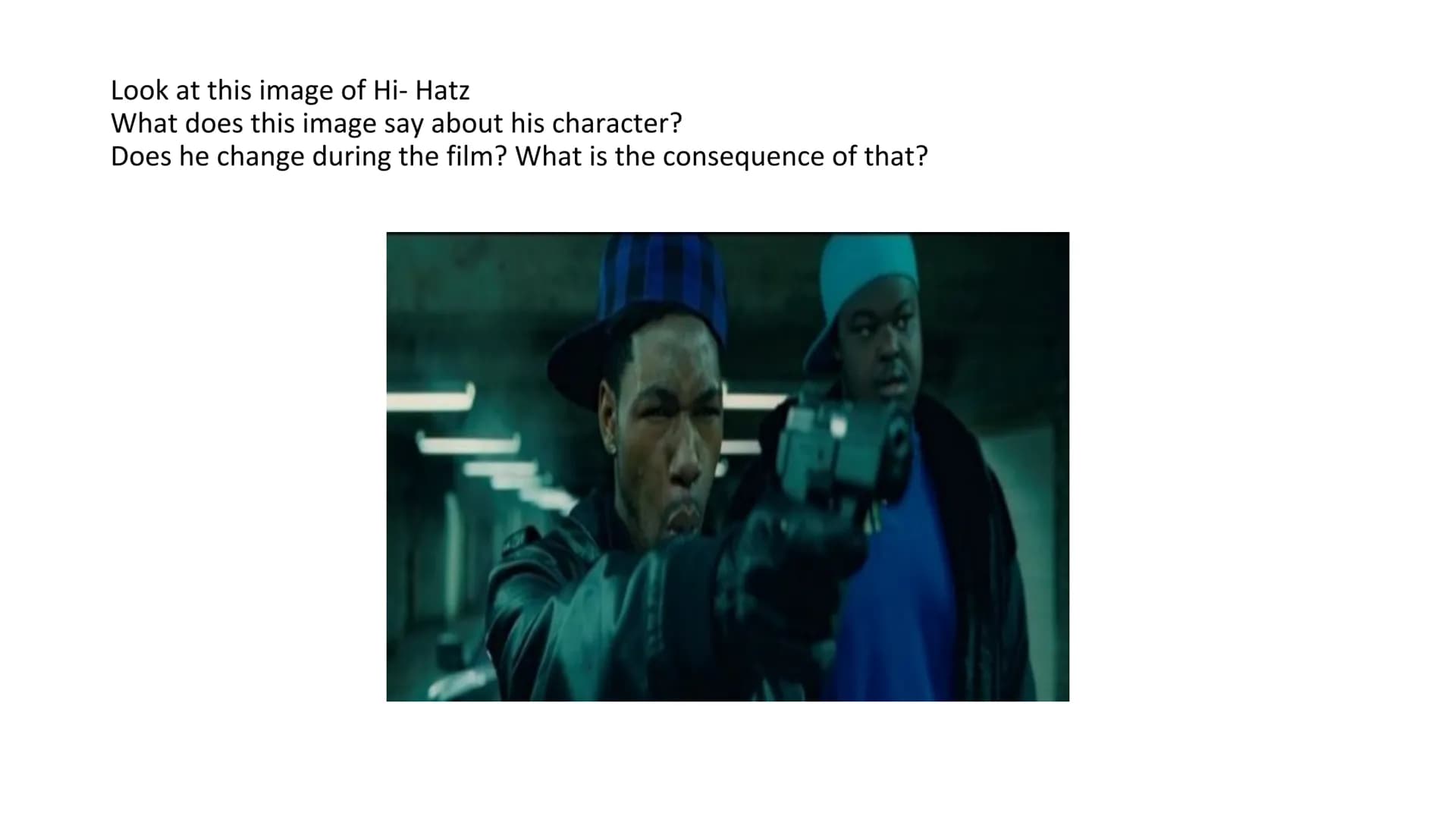 In the opening of the film Moses is presented as intimidating and dangerous this is shown through the way he dresses with his face covered a