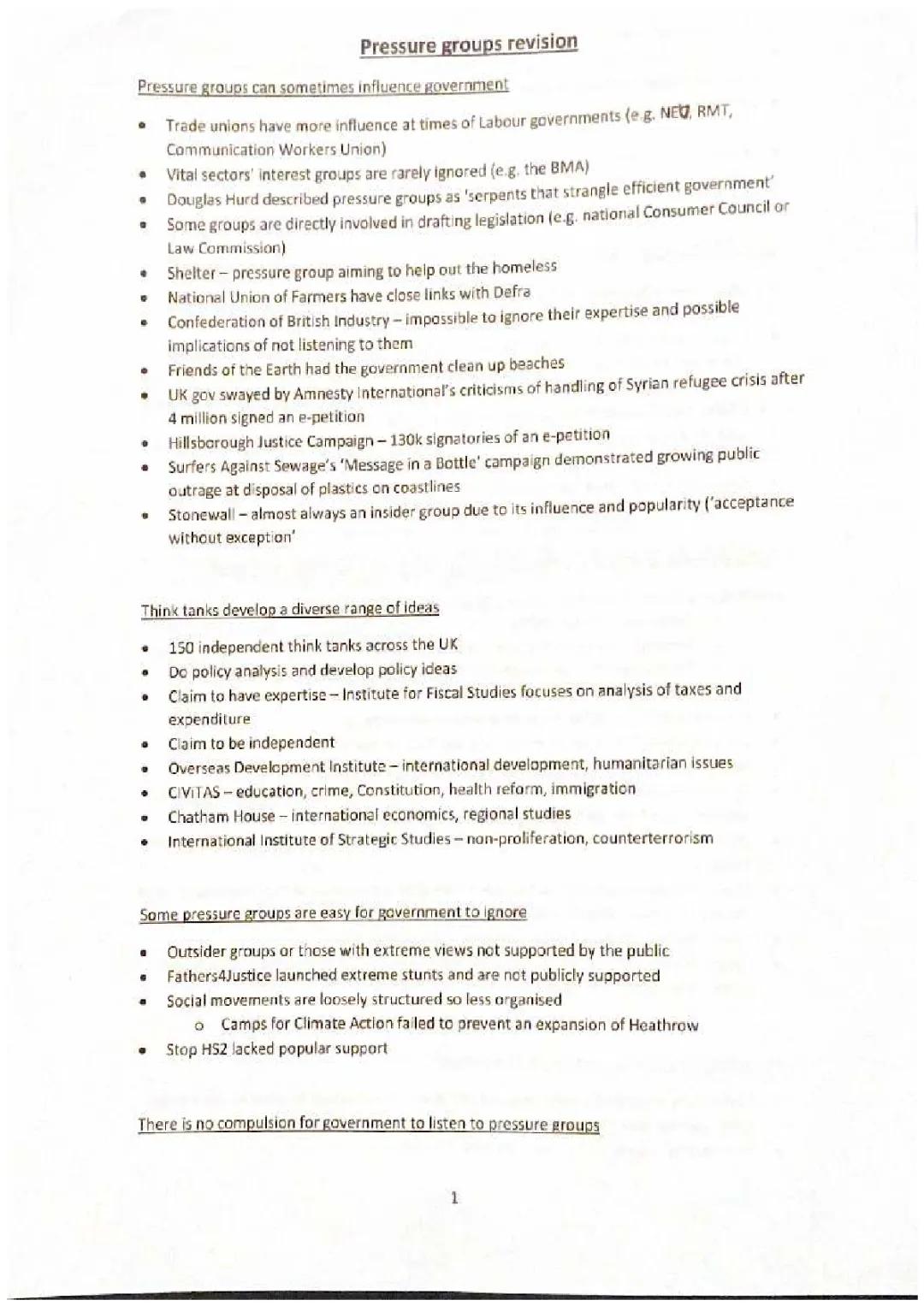 Revision sheet on UK pressure groups, think tanks and lobbyists