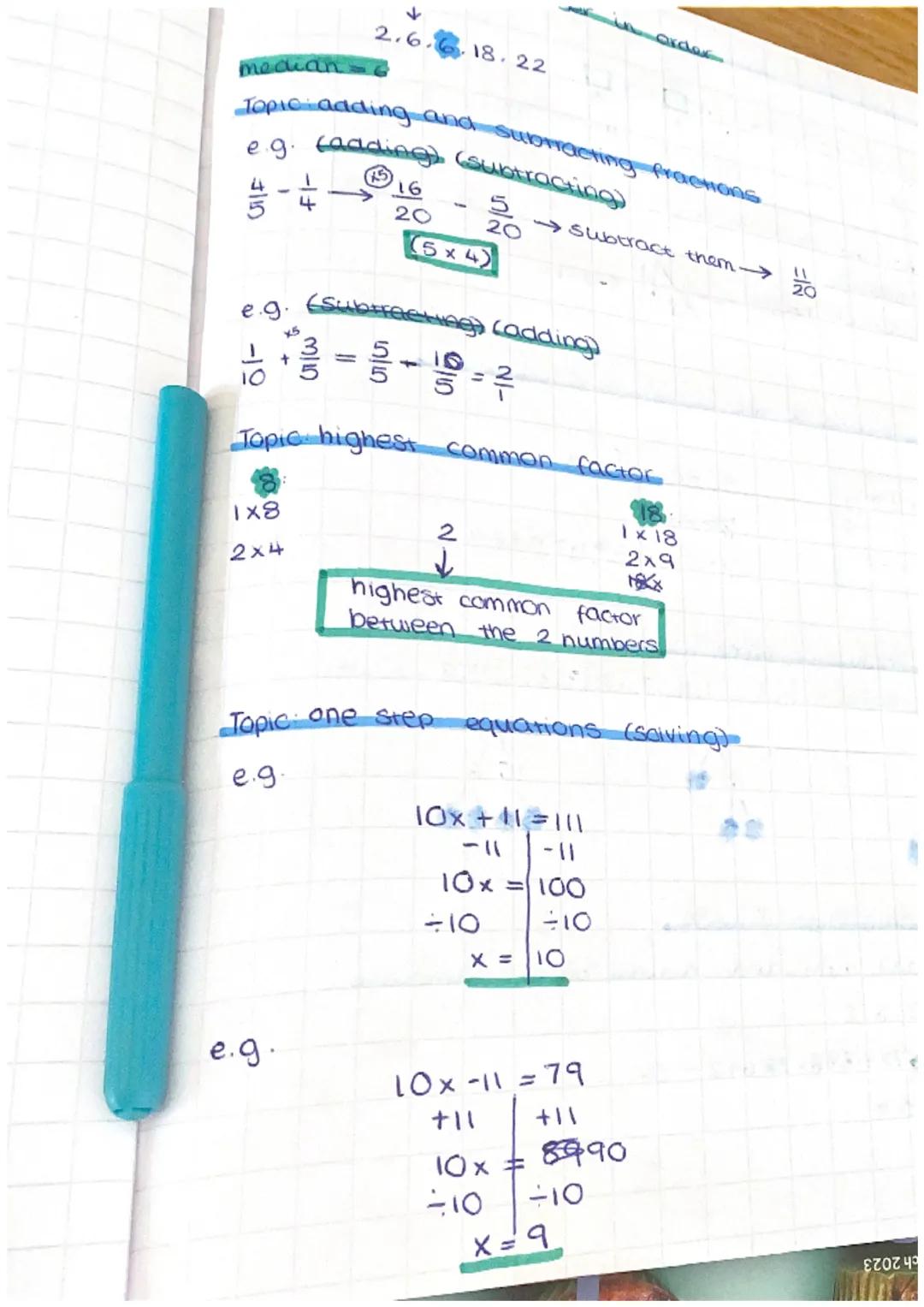 ↑
2.6.6.18.22
median
Order
Topic adding and subtracting fractions
eg. Cadding) (subtracting)
$
\frac{4}{5} - \frac{1}{4} \rightarrow \frac{1