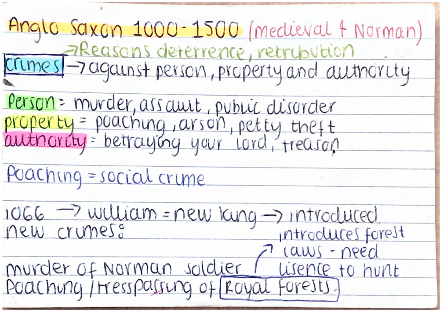Anglo Saxon 1000-1500 (medieval & Norman)
→Reasons deterrence, retribution
crimes / -> against person, property and authority.
Person = murd