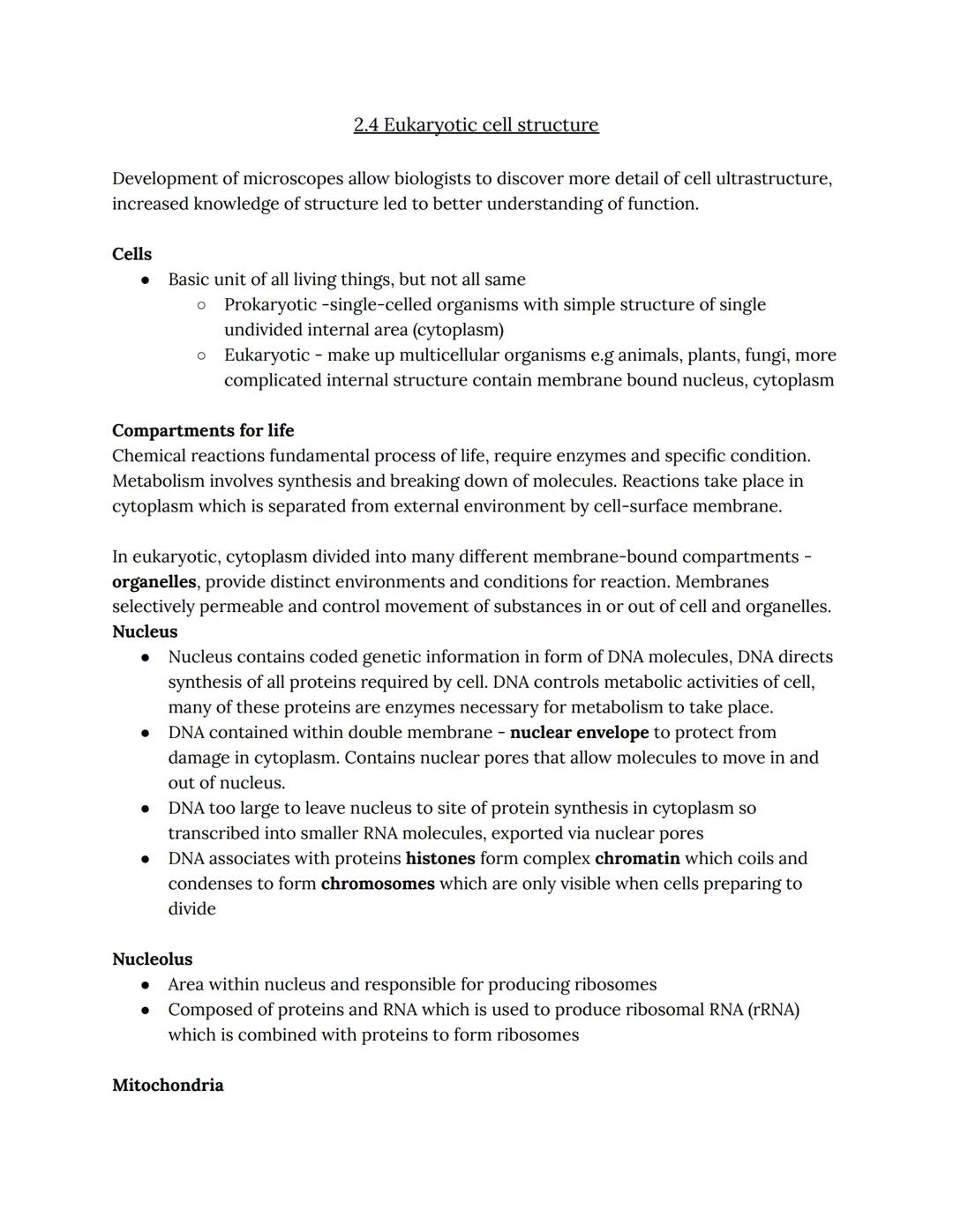 A level biology - OCR - 2.4 Eukaryotic cell structure