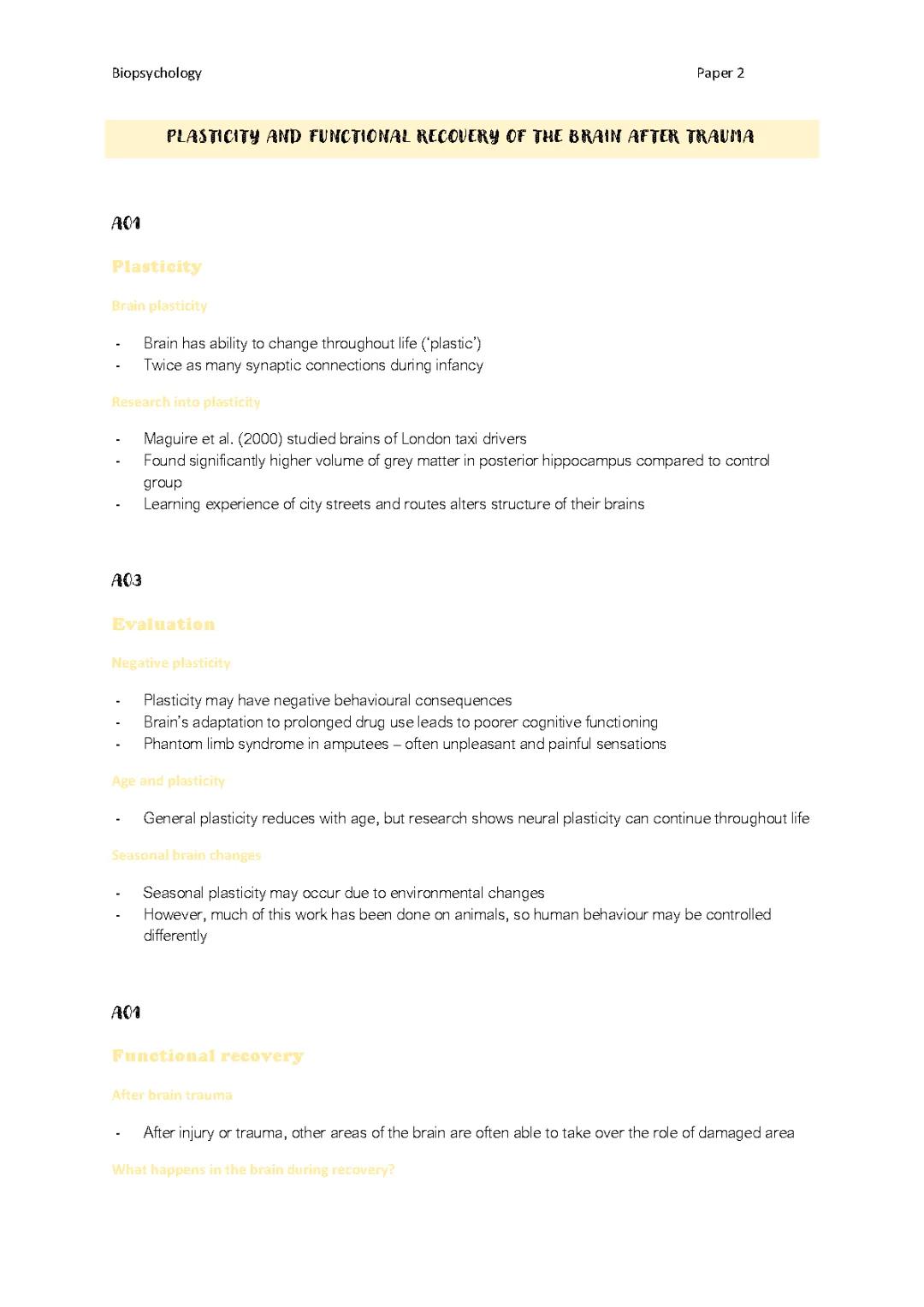 Plasticity and functional recovery of the brain after trauma