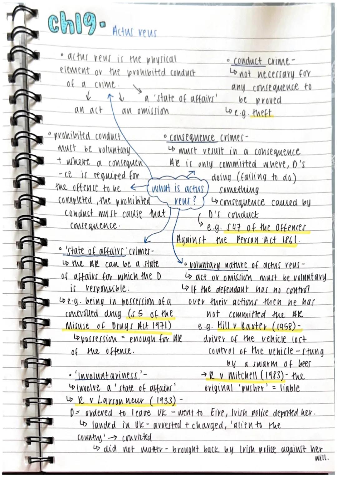 chi9 Actus veus.
โข actus reus is the physical
element or the prohibited conduct
of a crime.
โ
โ
an act
a 'state of affairs'
an omission
โข pr