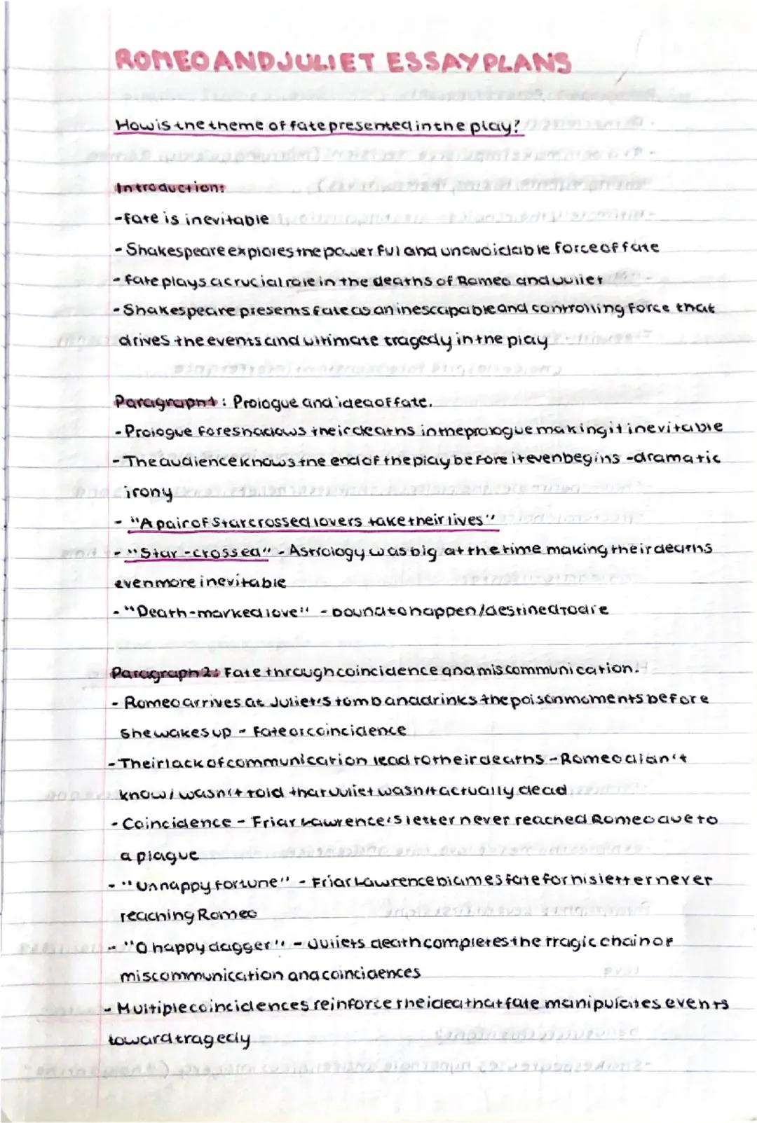 ROMEO AND JULIET ESSAY PLANS
How is the theme of fate presented in the play?
Introduction:
-fare is inevitable
-Shakespeare explores the pow