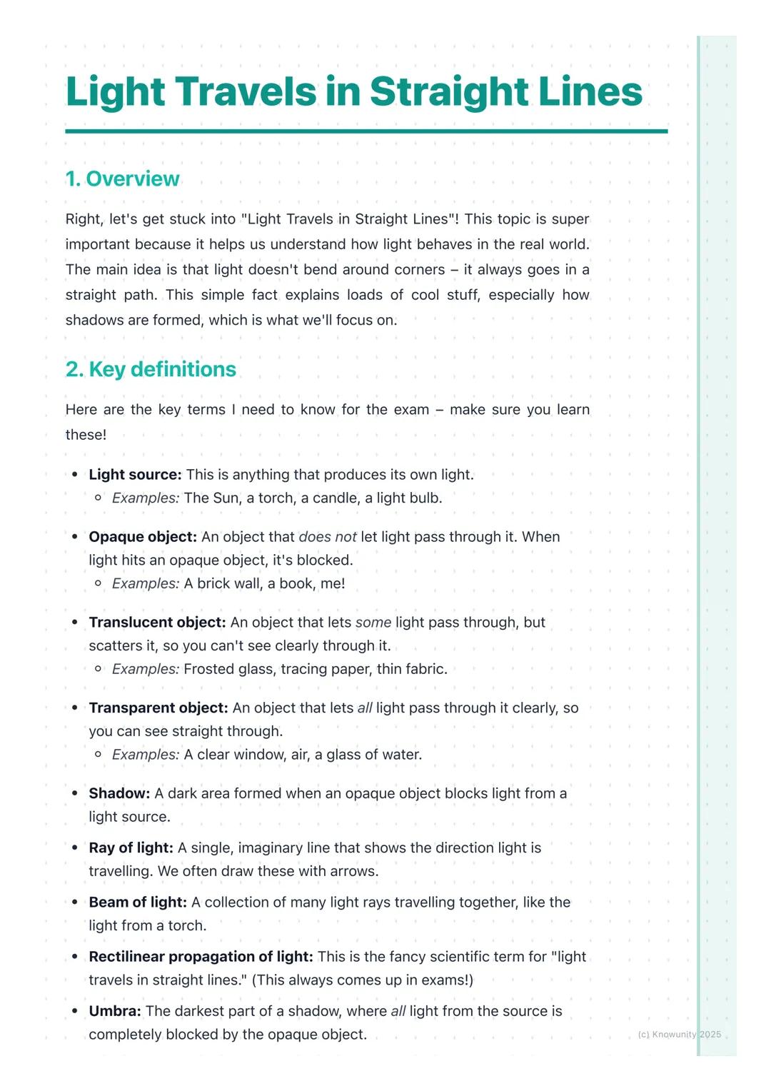 # Light Travels in Straight Lines
1. Overview
Right, let's get stuck into "Light Travels in Straight Lines"! This topic is super
important