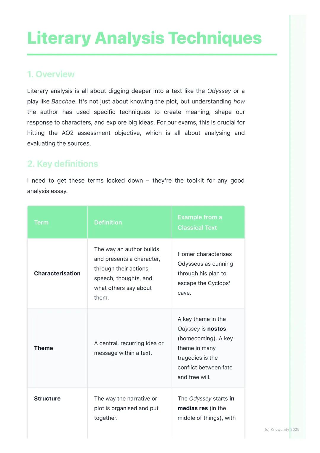 # Literary Analysis Techniques
1. Overview
Literary analysis is all about digging deeper into a text like the Odyssey or a
play like Bacch