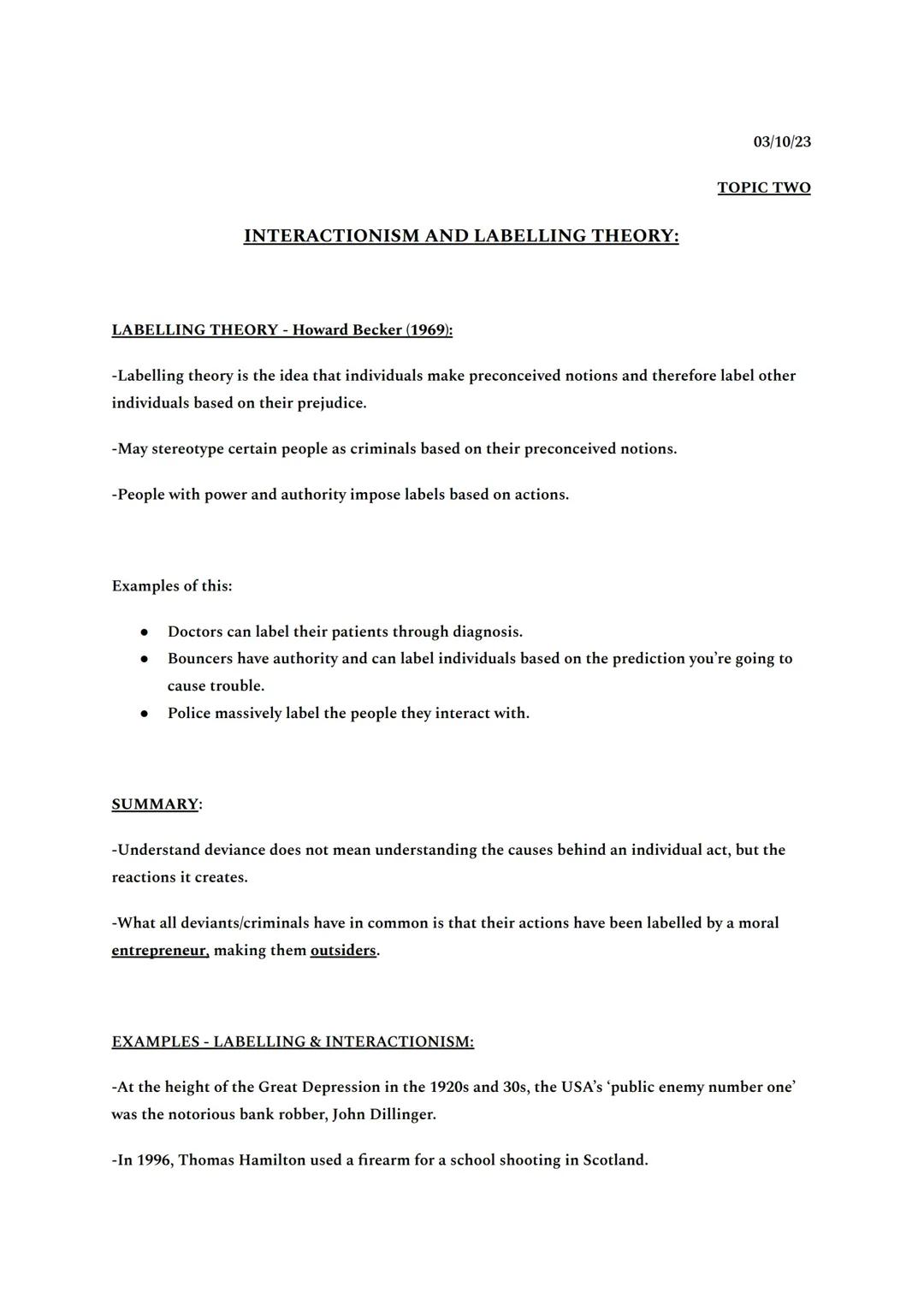 Sociology Crime & Deviance - Topic 2 (Interactionism and Labelling Theory)
