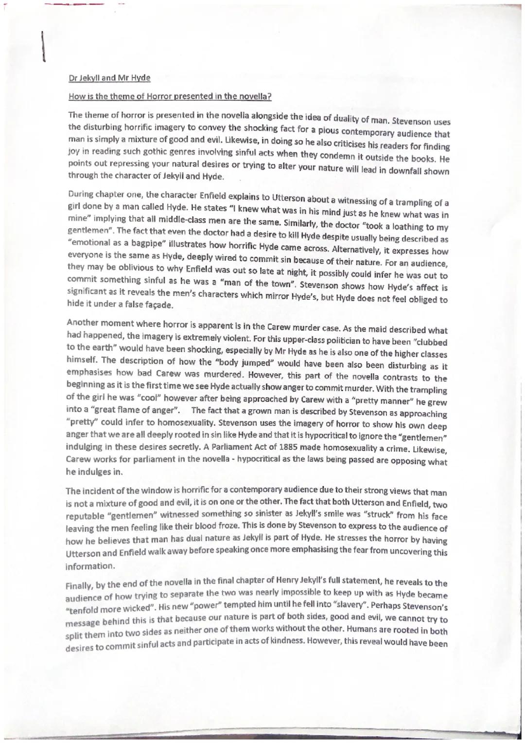 Dr Jekyll and Mr Hyde
How is the theme of Horror presented in the novella?
The theme of horror is presented in the novella alongside the ide