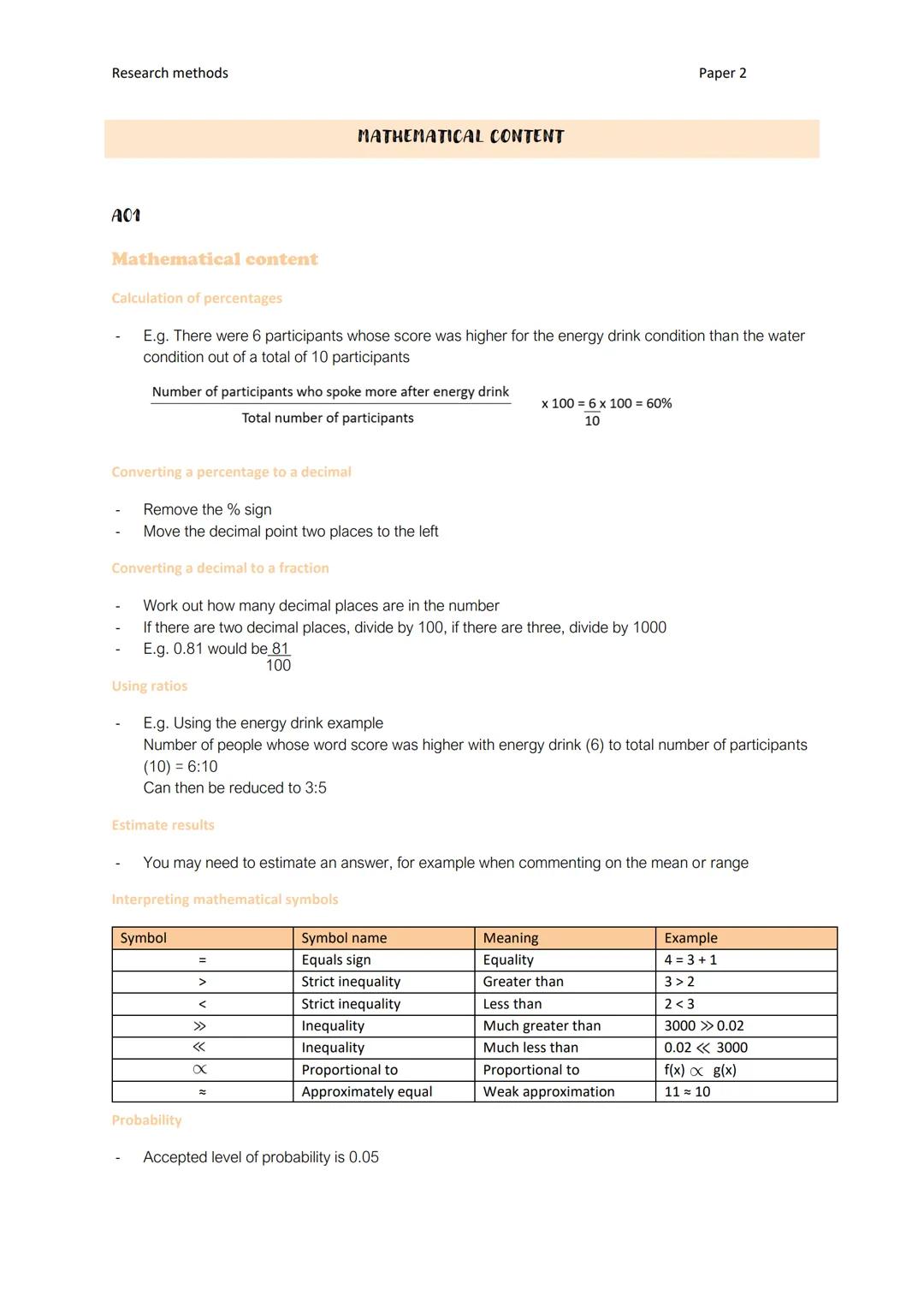 Research methods
A01
Mathematical content
Calculation of percentages
E.g. There were 6 participants whose score was higher for the energy dr