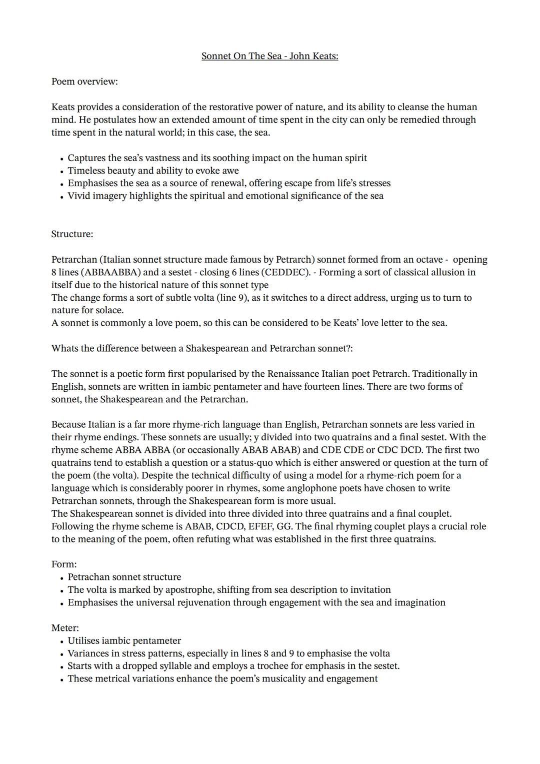 Poem overview:
Sonnet On The Sea - John Keats:
Keats provides a consideration of the restorative power of nature, and its ability to cleanse
