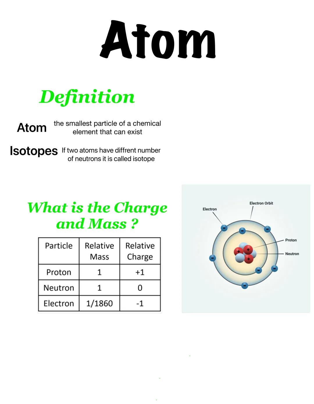 Atom
Definition
the smallest particle of a chemical
element that can exist
Atom
Isotopes If two atoms have diffrent number
of neutrons it is