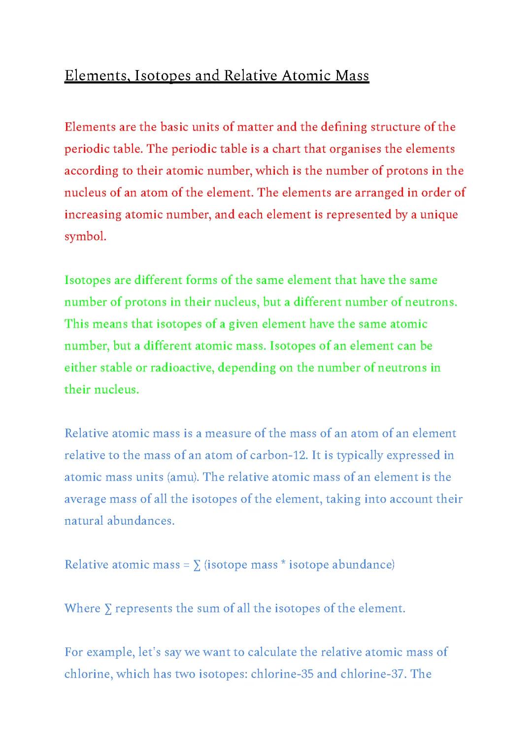 Elements, Isotopes and Relative Atomic Mass