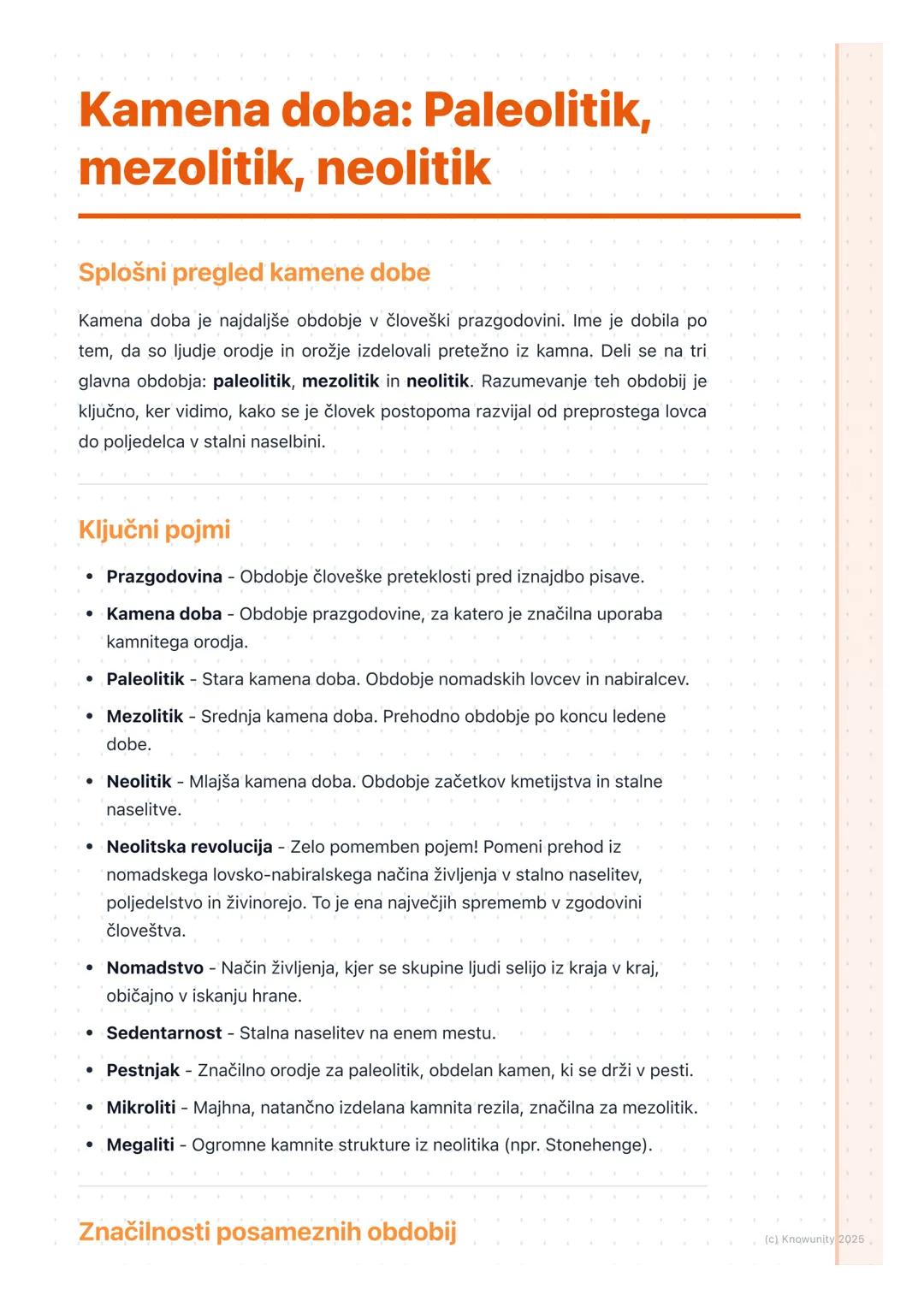 # Kamena doba: Paleolitik,
mezolitik, neolitik
Splošni pregled kamene dobe
Kamena doba je najdaljše obdobje v človeški prazgodovini. Ime j