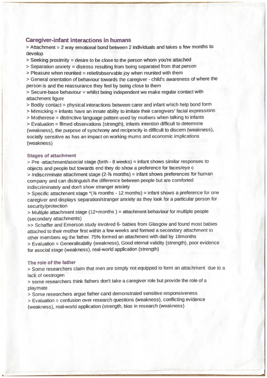 Caregiver-infant interactions in humans
> Attachment = 2 way emotional bond between 2 individuals and takes a few months to
develop
> Seekin