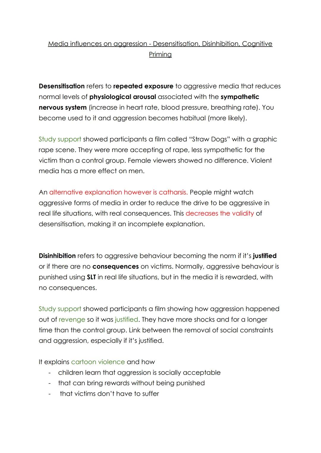 Media influences on aggression - Desensitisation, Disinhibition, Cognitive
Priming
Desensitisation refers to repeated exposure to aggressiv