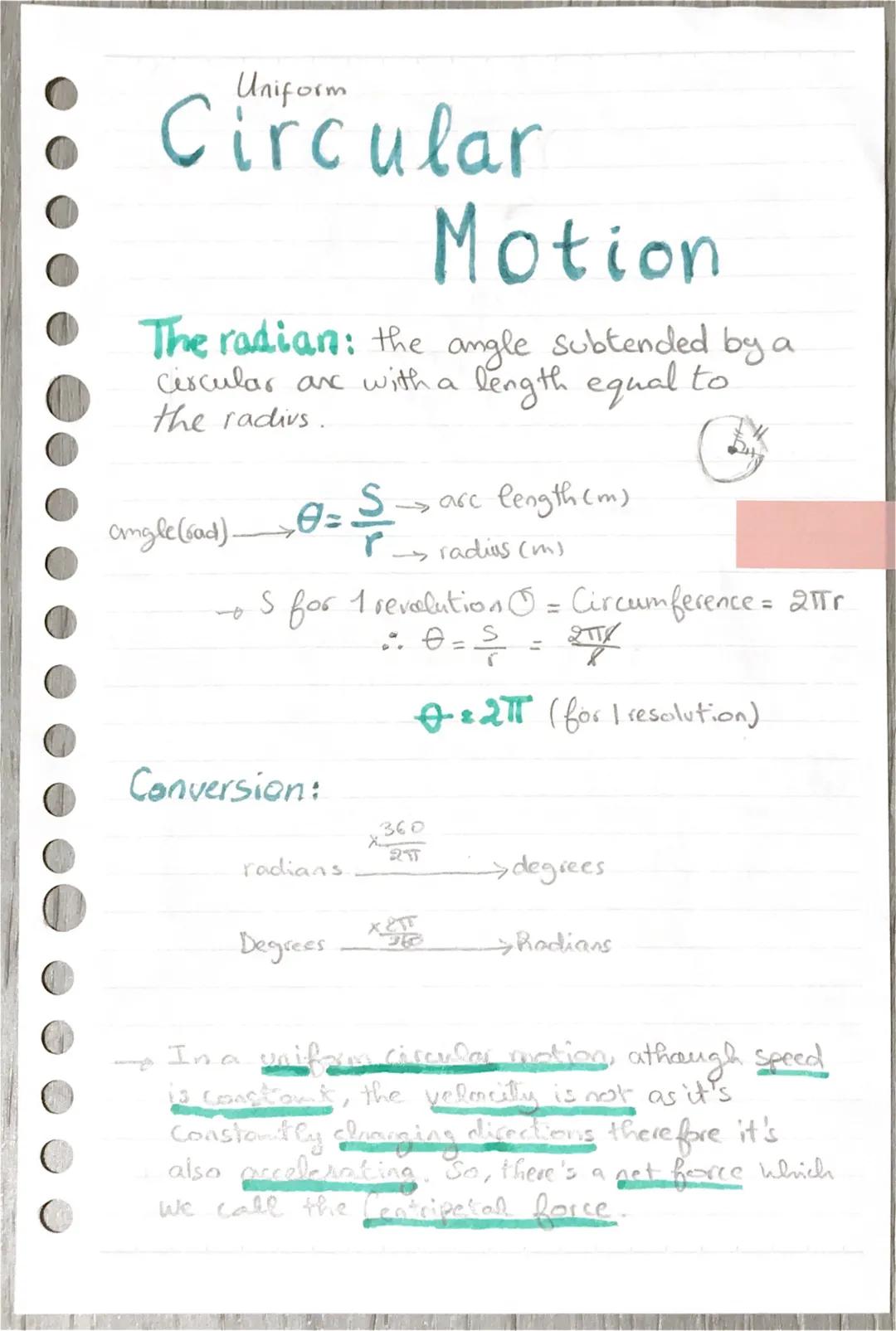 Uniform
Circular
Motion
The radian: the angle subtended by a
Circular and with a length equal to
the radius..
CA
angle (rad).
0=S₁
+S for 1