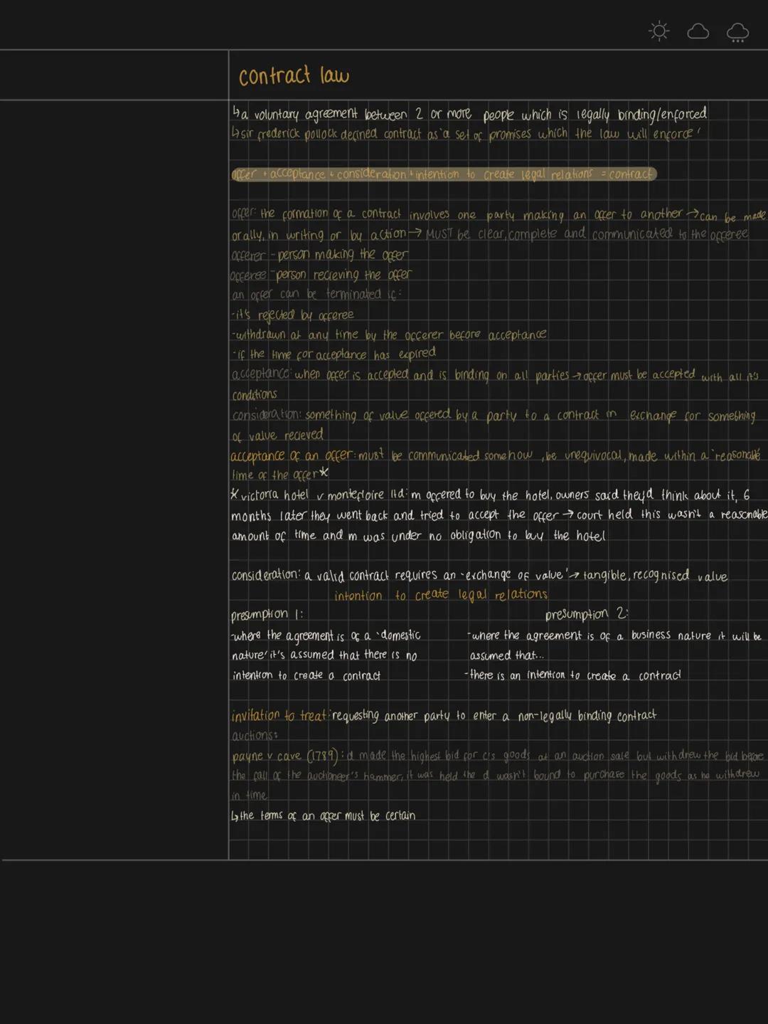 -0-
contract law
↳a voluntary agreement between 2 or more people which is legally binding/enforced
sir frederick pollock defined contract as