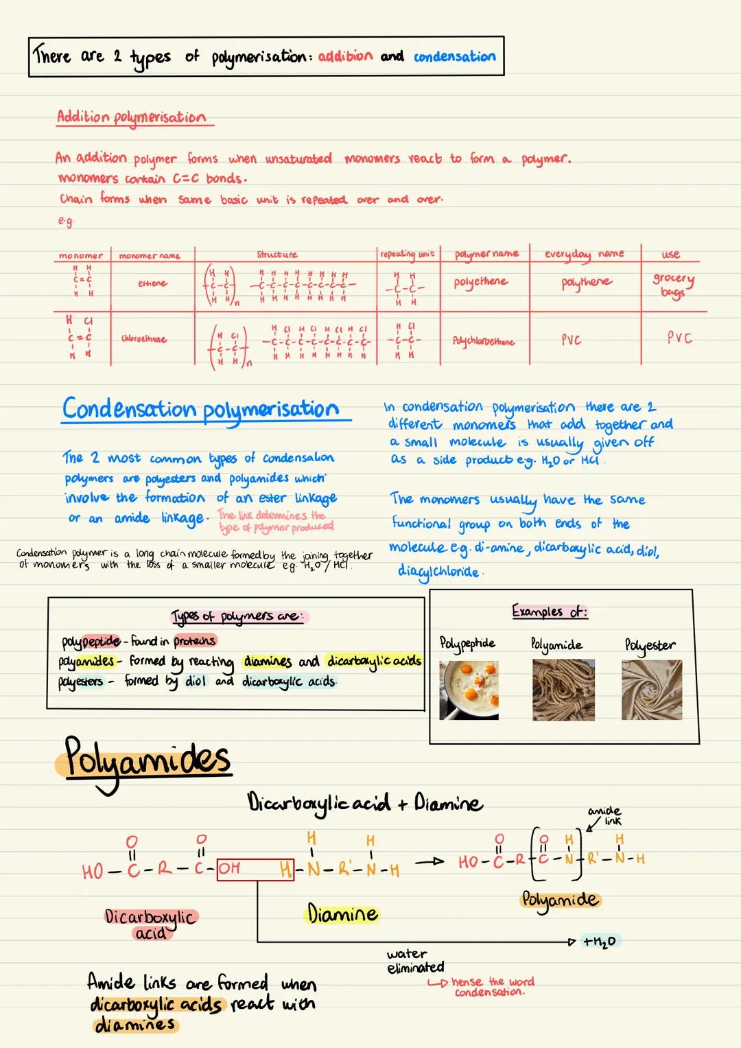 There are 2 types of polymerisation: addition and condensation
Addition polymerisation
An addition polymer forms when unsaturated monomer