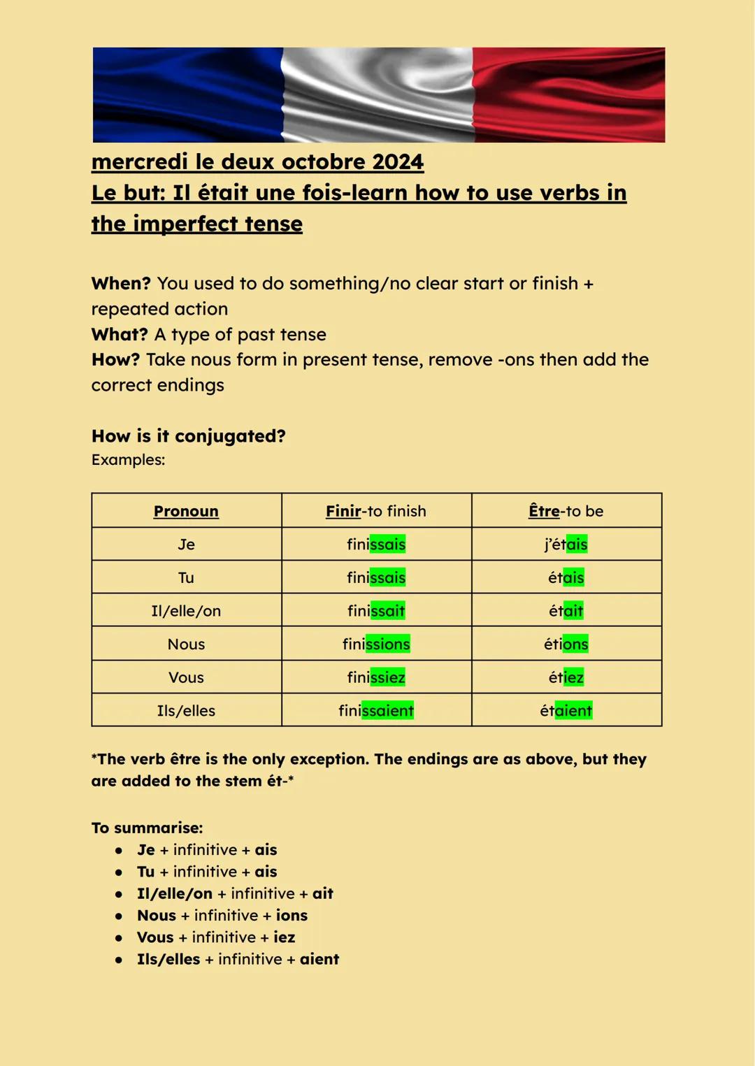 mercredi le deux octobre 2024
Le but: Il était une fois-learn how to use verbs in
the imperfect tense
When? You used to do something/no clea