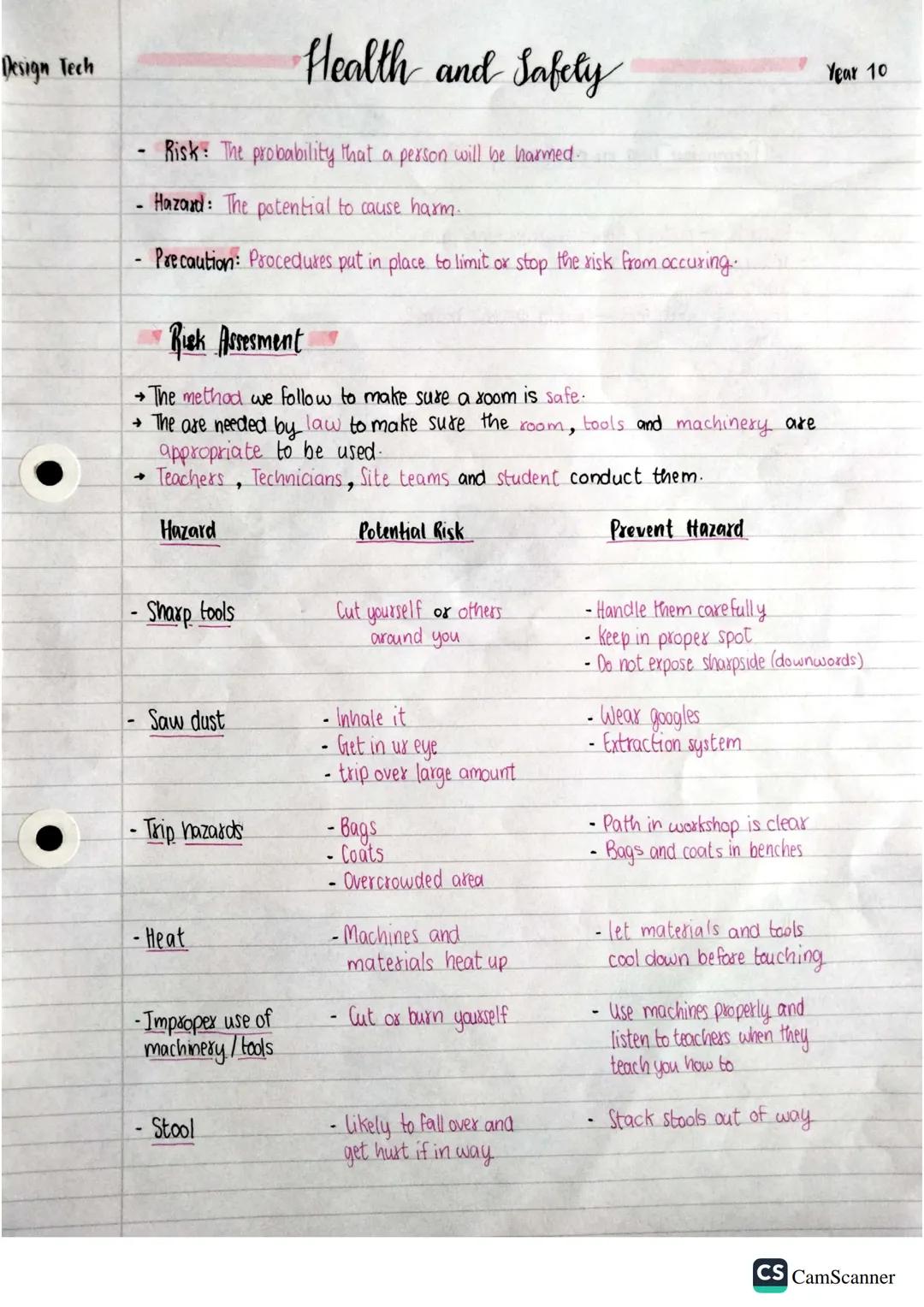 Design Tech
# Health and Safety
Year 10
- Risk: The probability that a person will be harmed.
- Hazard: The potential to cause harm.
-