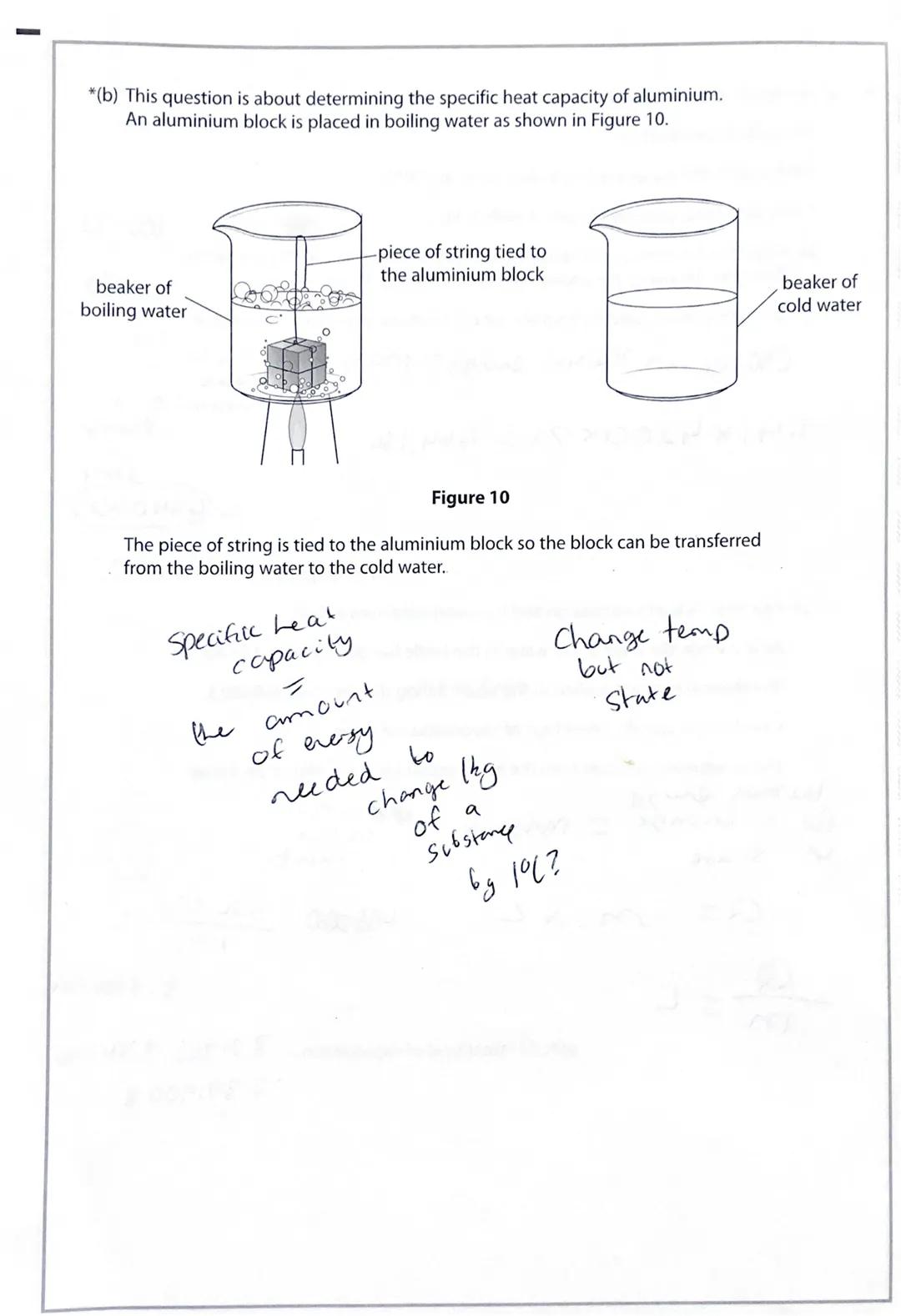 *(b) This question is about determining the specific heat capacity of aluminium.
An aluminium block is placed in boiling water as shown in F