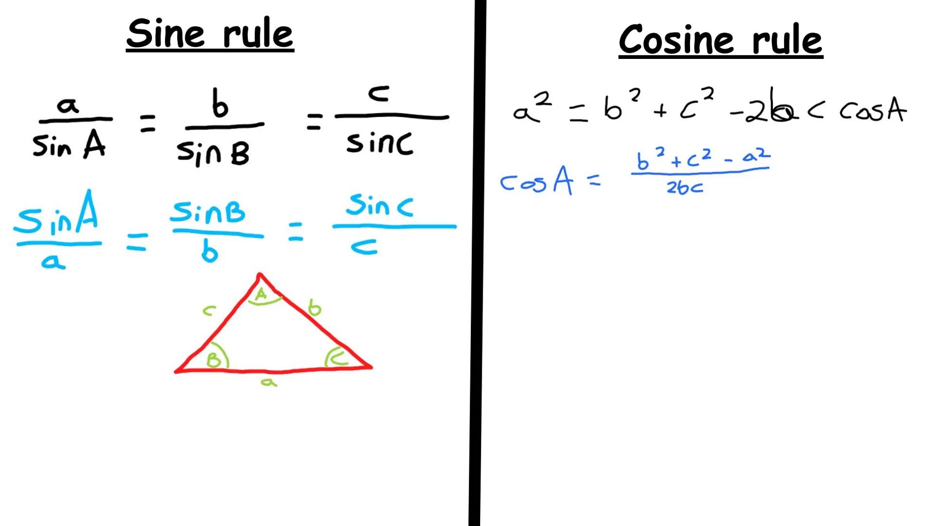 ### Sine rule
$\frac{a}{Sin A} = \frac{b}{Sin B} = \frac{c}{sinc}$
$\frac{SinA}{a} = \frac{SinB}{b} = \frac{Sin C}{c}$