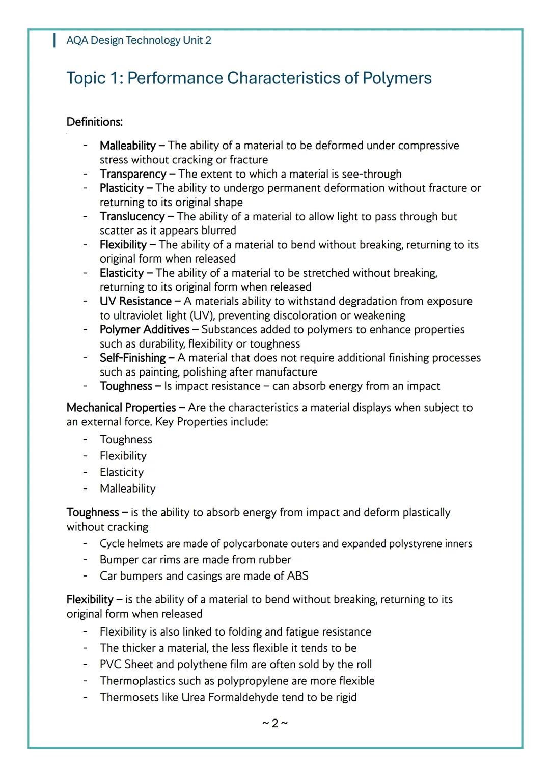# AQA Design Technology Unit 2
# AQA
Design Technology
# Unit 2
# Content
Notes
~1~ AQA Design Technology Unit 2
Topic 1: Performance Ch