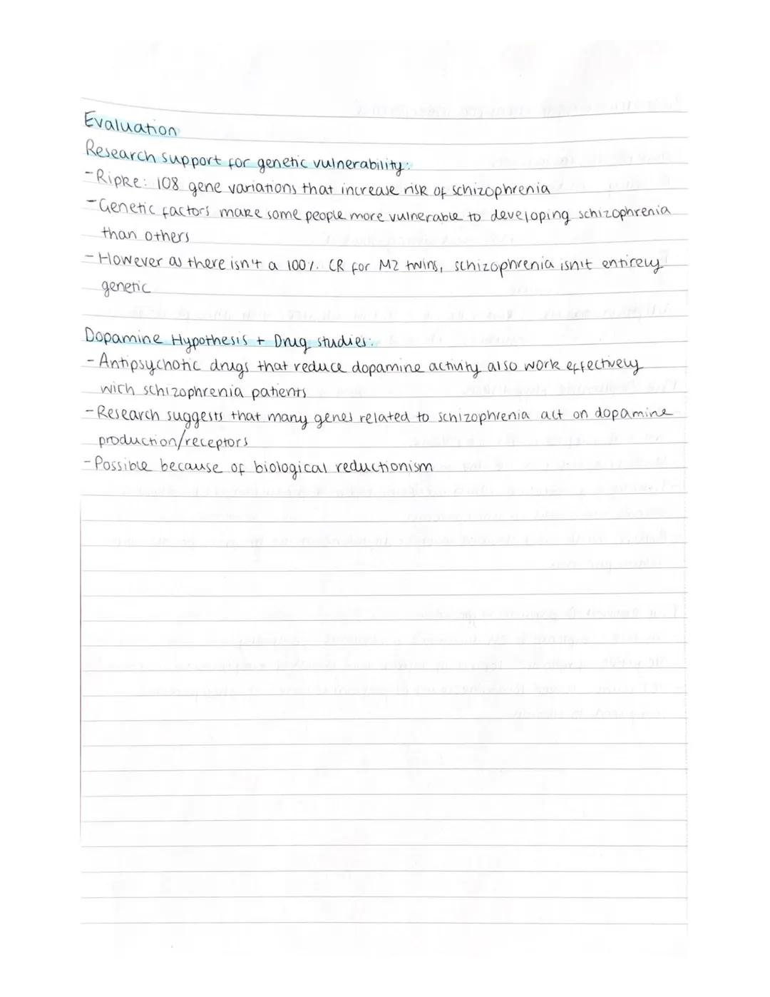 Biological Explanations for Schizophrenia
Genetic Explanations
- Family studies: Gottesman -> people with 2 schizophrenic parents had
a conc