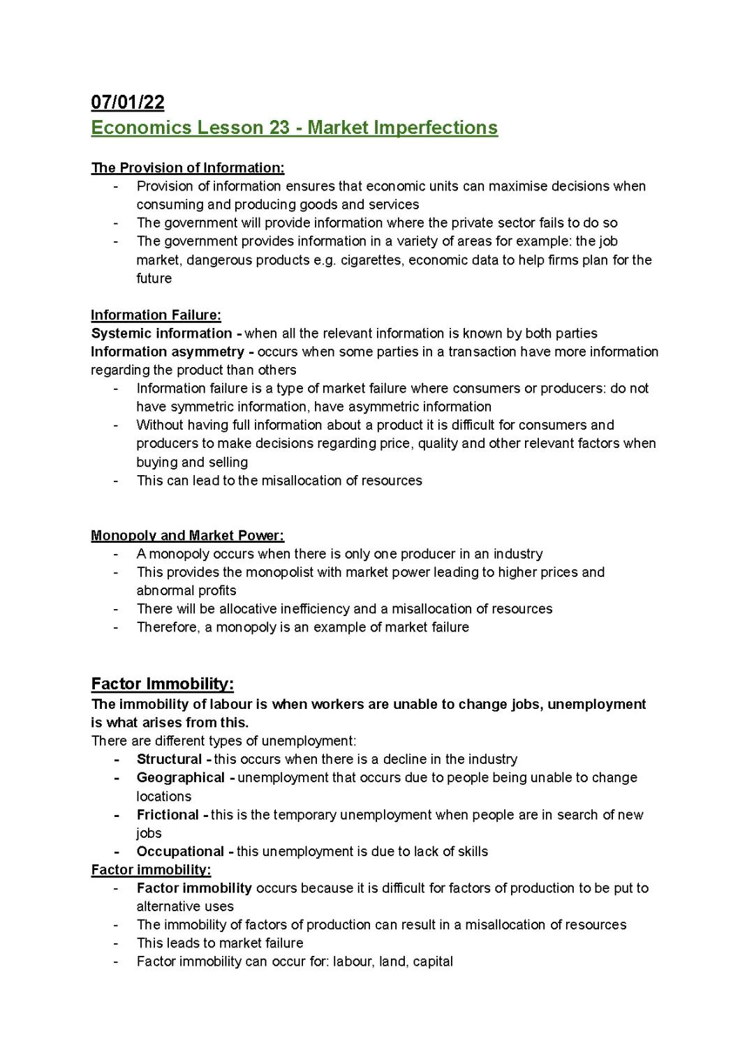 Economics - Market Imperfections