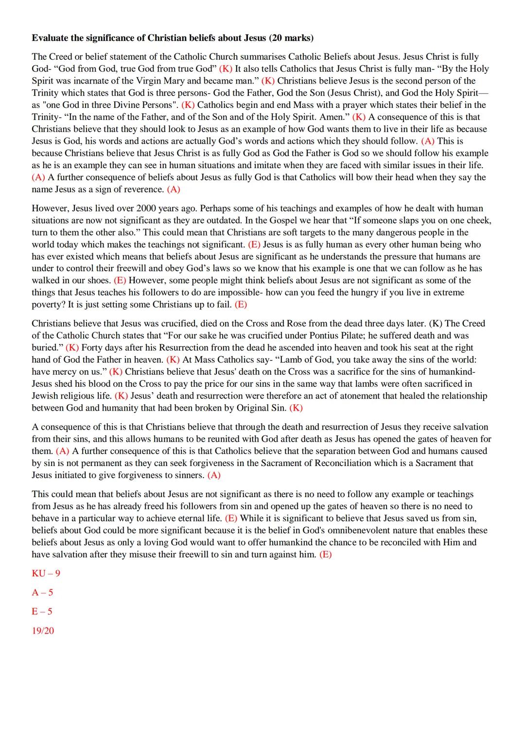Evaluate the significance of Christian beliefs about Jesus (20 marks)
The Creed or belief statement of the Catholic Church summarises Cathol