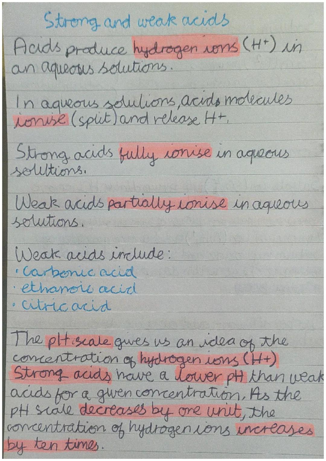 Strong and weak acids
Acids produce hydrogen sons (H+) in
an aqueous solutions.
In aqueous solutions, acids molecules.
jonise (split) and
