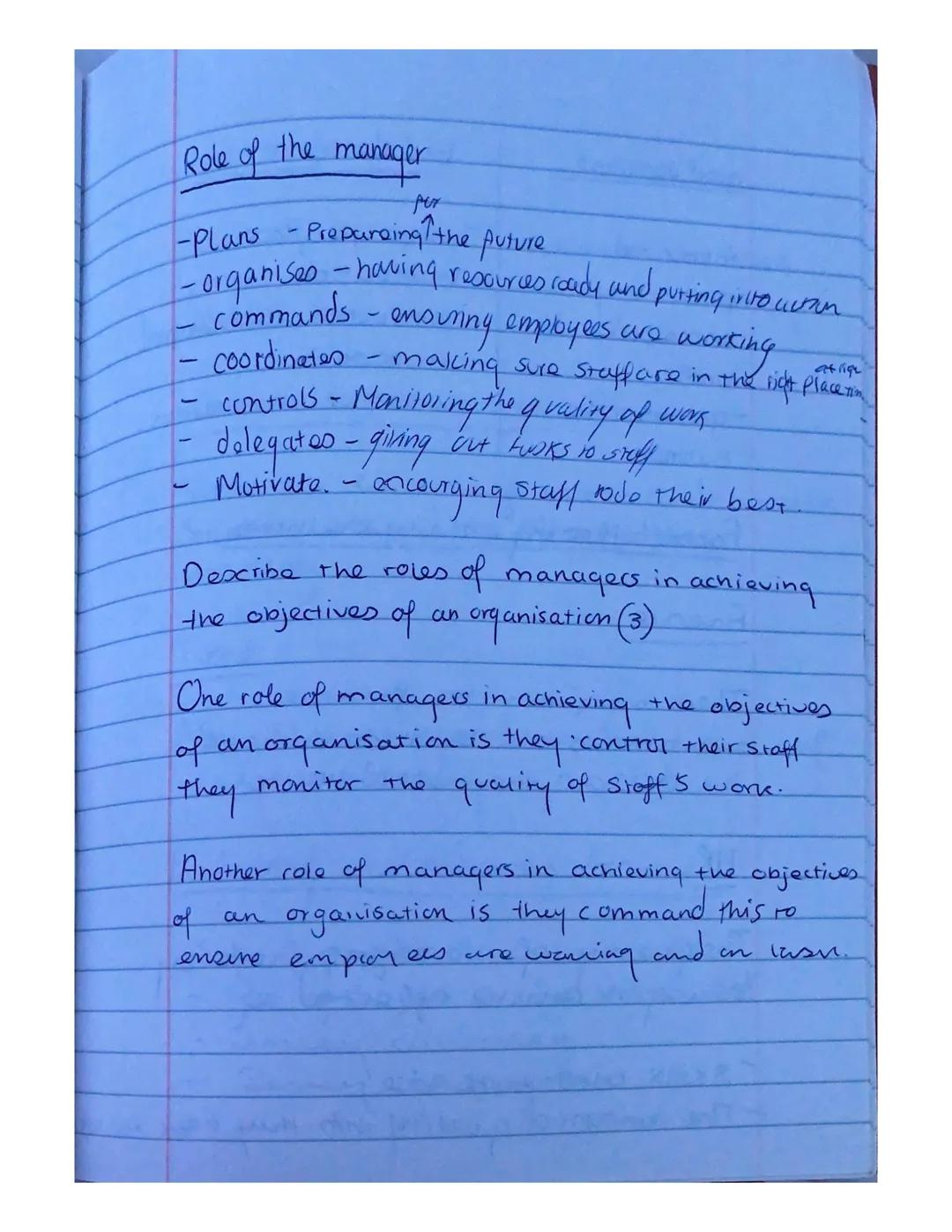 Role of the manager
Per
-Plans - Prepareing the future
- organises - having resources roady und purting to win
commands - ensuring employees