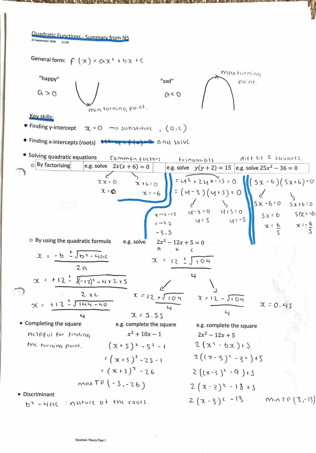 # Quadratic Functions - Summary from N5
23 September 2020 11:58
General form: $f(x) = ax²+bx+C$
"happy"
$a>0$
min turning point.
"sad"