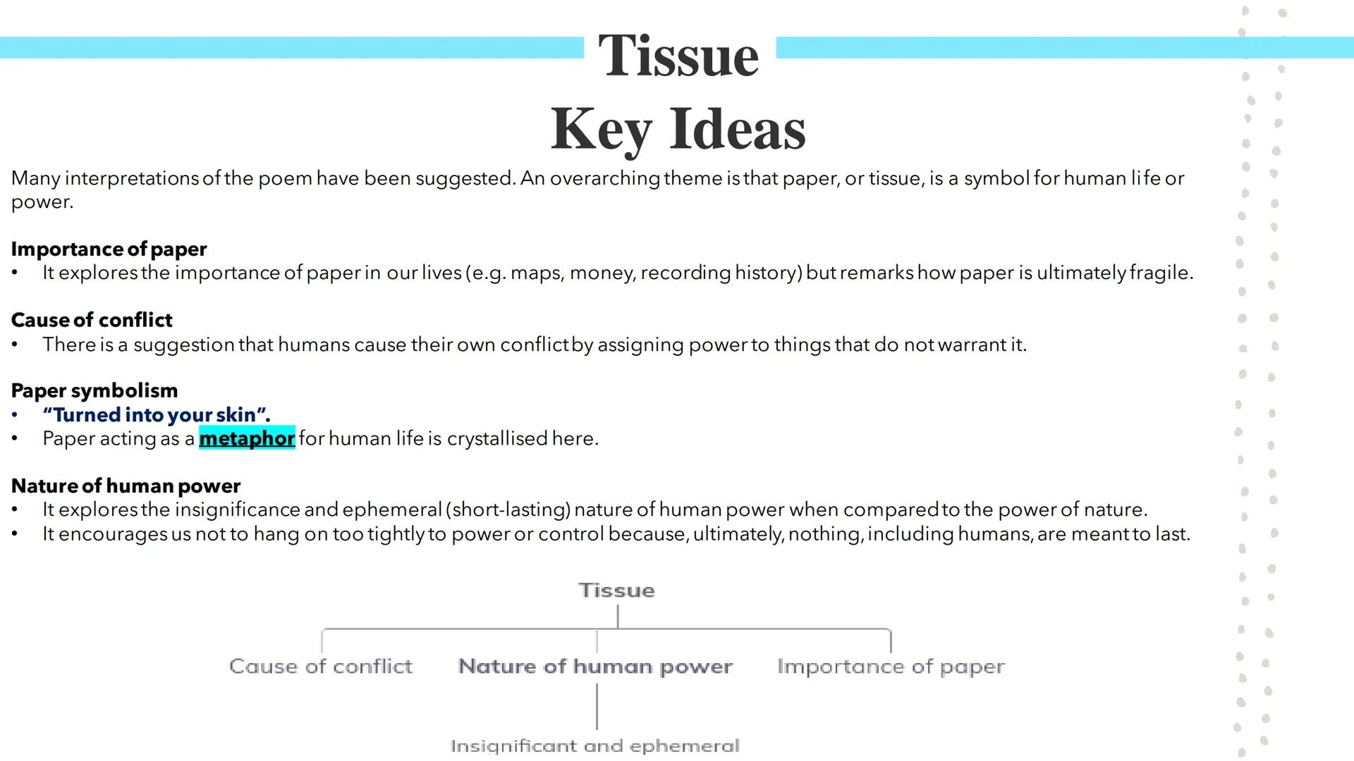 # Tissue
Poetry GCSEs Tissue
Poetry GCSEs Tissue is an impressionistic poem by Imtiaz Dharker that comments on the conflicts and troubles of