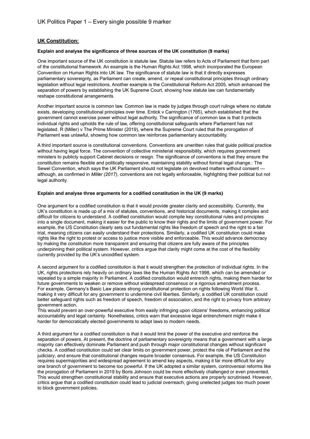 UK Politics Paper 1 - Every single possible 9 marker
UK Constitution:
Explain and analyse the significance of three sources of the UK consti