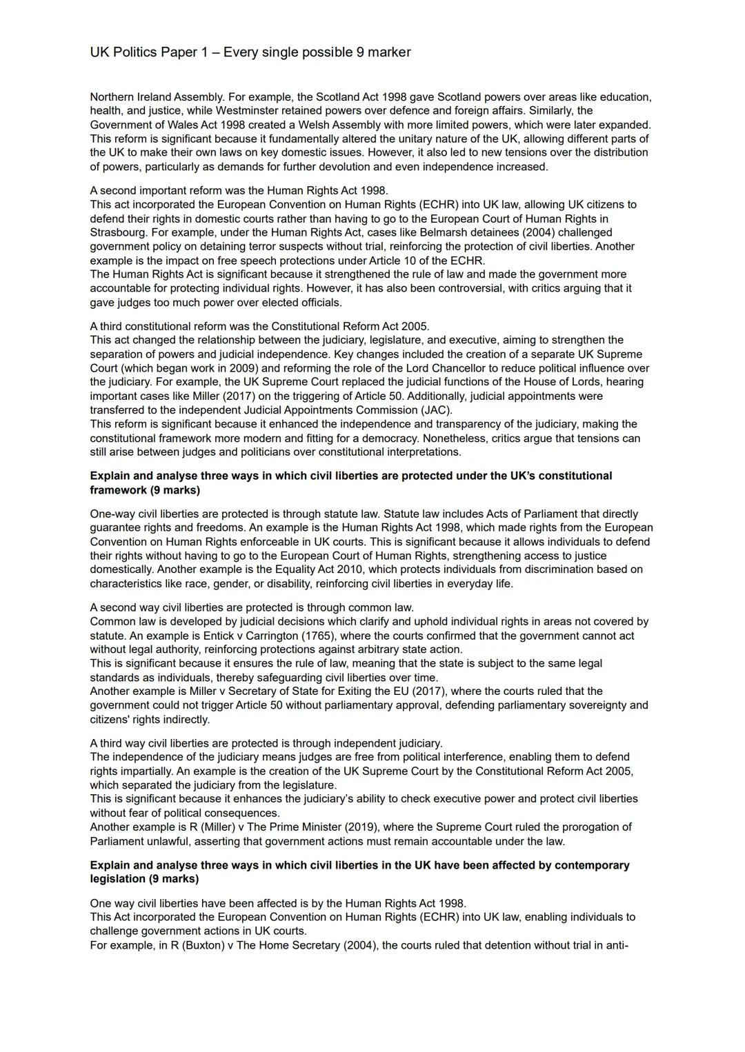 UK Politics Paper 1 - Every single possible 9 marker
UK Constitution:
Explain and analyse the significance of three sources of the UK consti