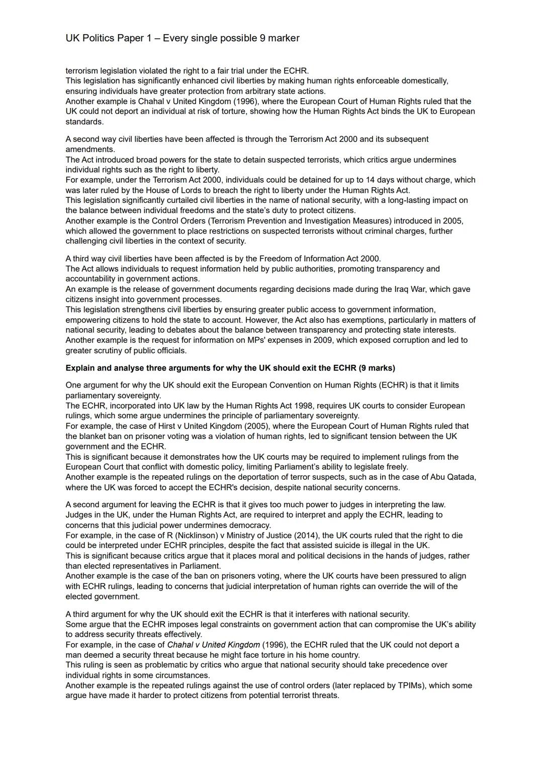 UK Politics Paper 1 - Every single possible 9 marker
UK Constitution:
Explain and analyse the significance of three sources of the UK consti