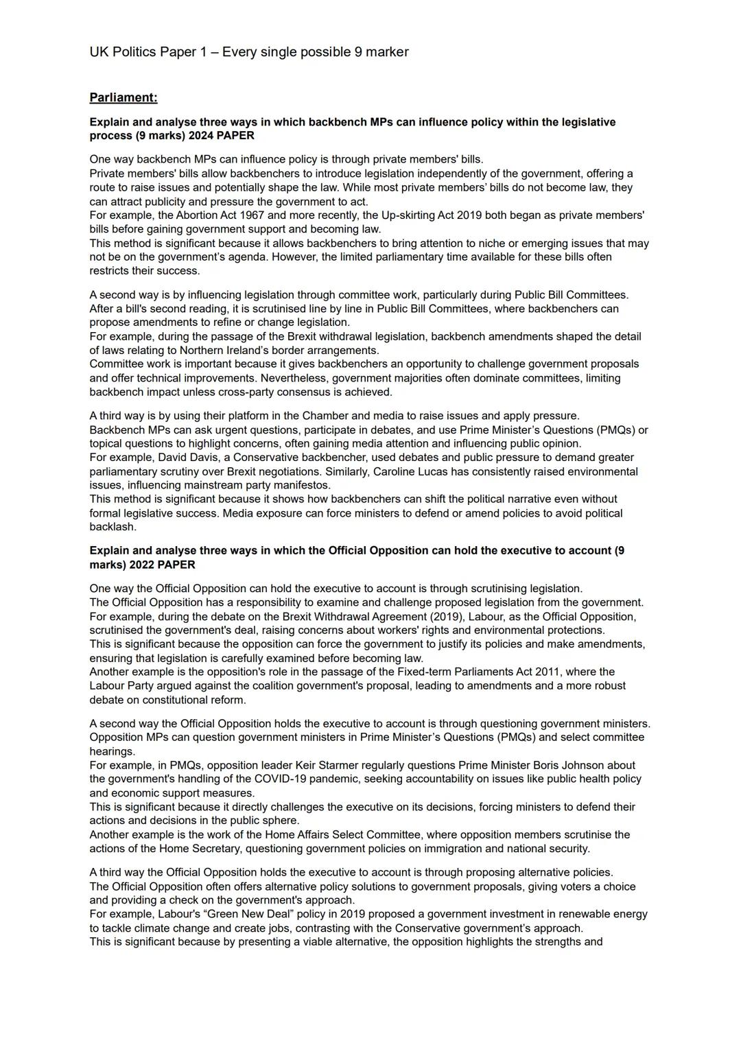 UK Politics Paper 1 - Every single possible 9 marker
UK Constitution:
Explain and analyse the significance of three sources of the UK consti