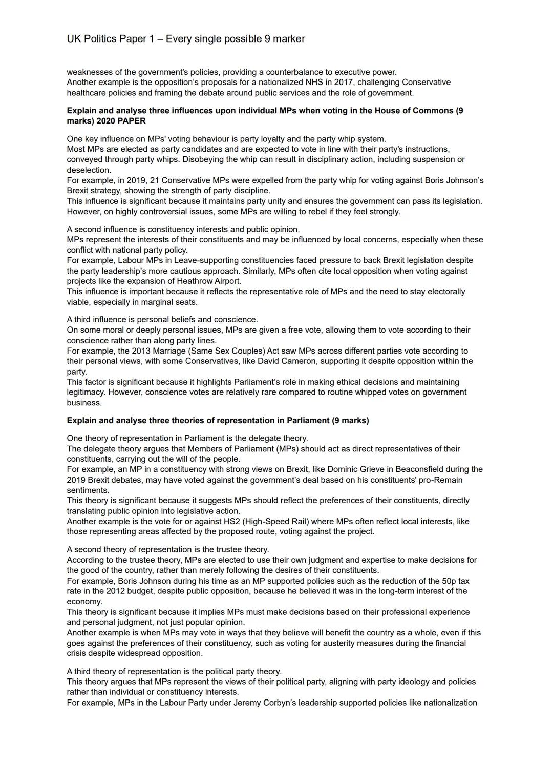 UK Politics Paper 1 - Every single possible 9 marker
UK Constitution:
Explain and analyse the significance of three sources of the UK consti