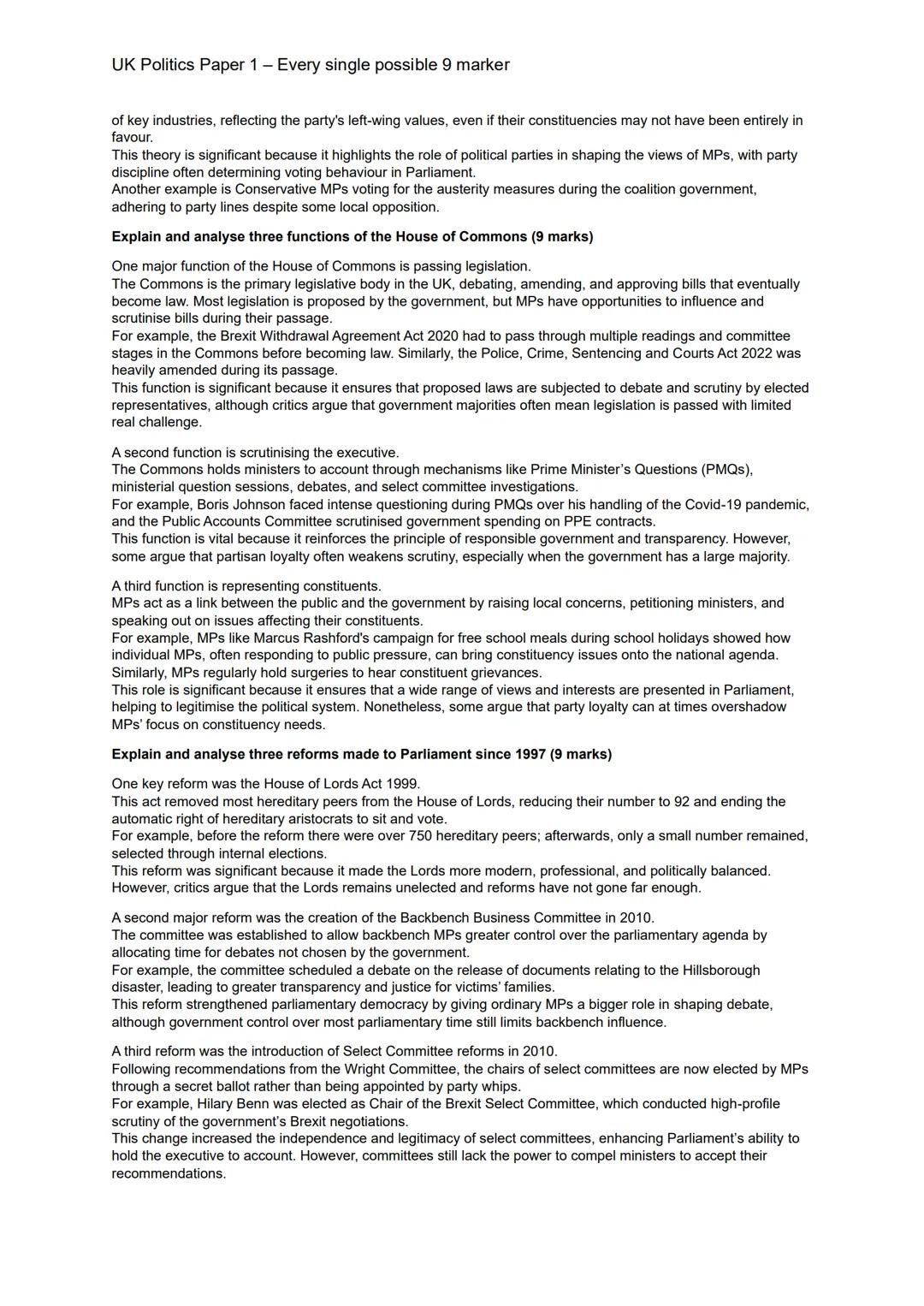 UK Politics Paper 1 - Every single possible 9 marker
UK Constitution:
Explain and analyse the significance of three sources of the UK consti
