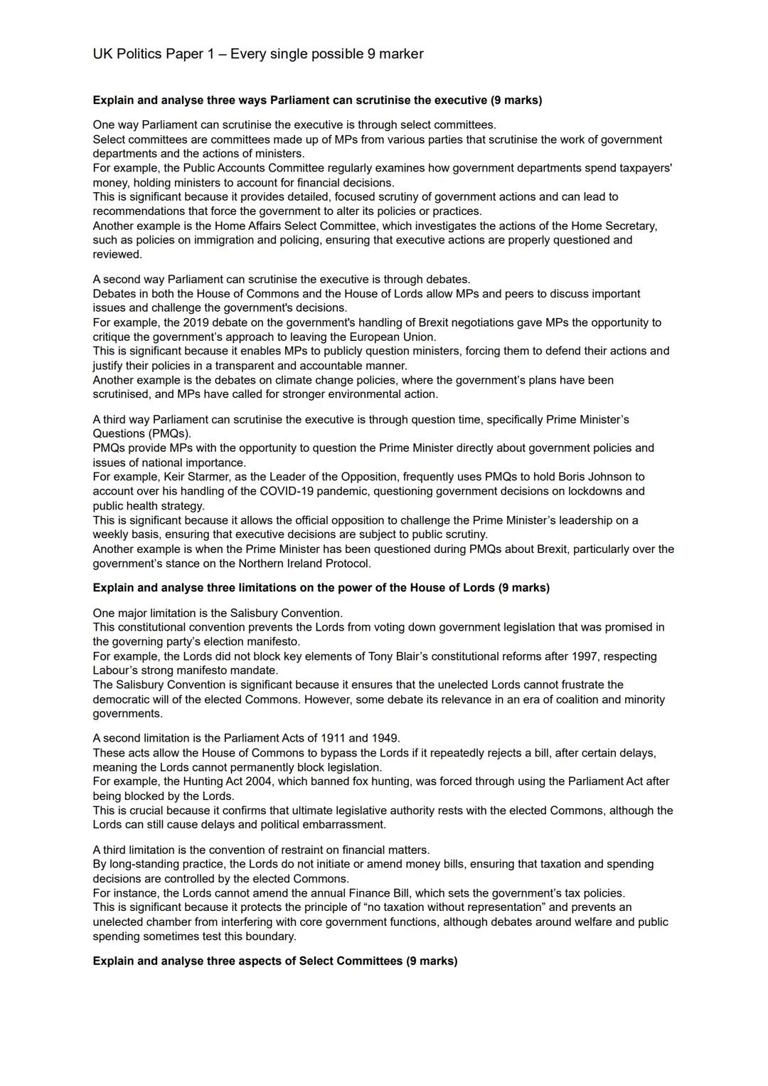 UK Politics Paper 1 - Every single possible 9 marker
UK Constitution:
Explain and analyse the significance of three sources of the UK consti