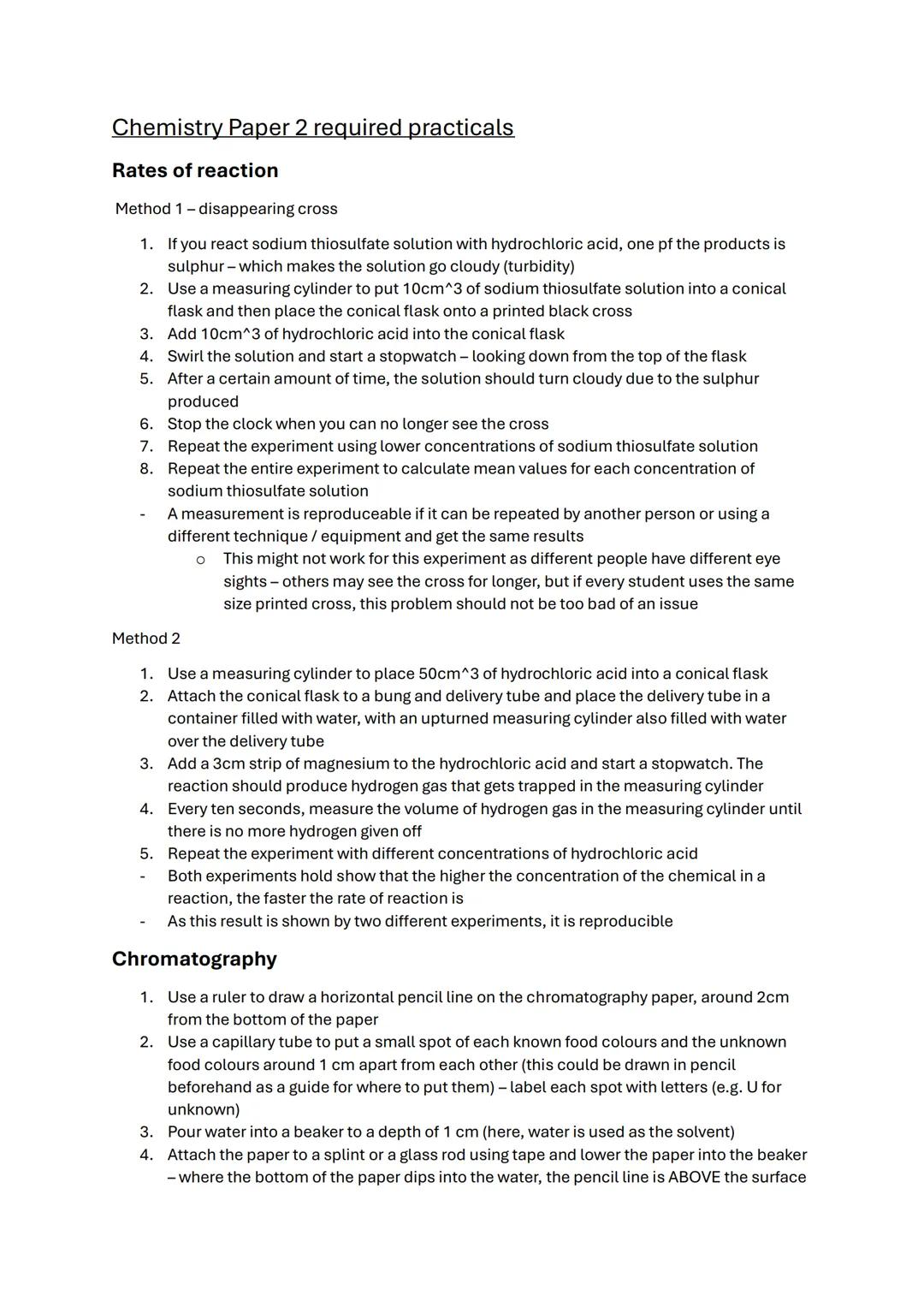 Chemistry Paper 2 required practicals
Rates of reaction
Method 1-disappearing cross
1. If you react sodium thiosulfate solution with hydroch