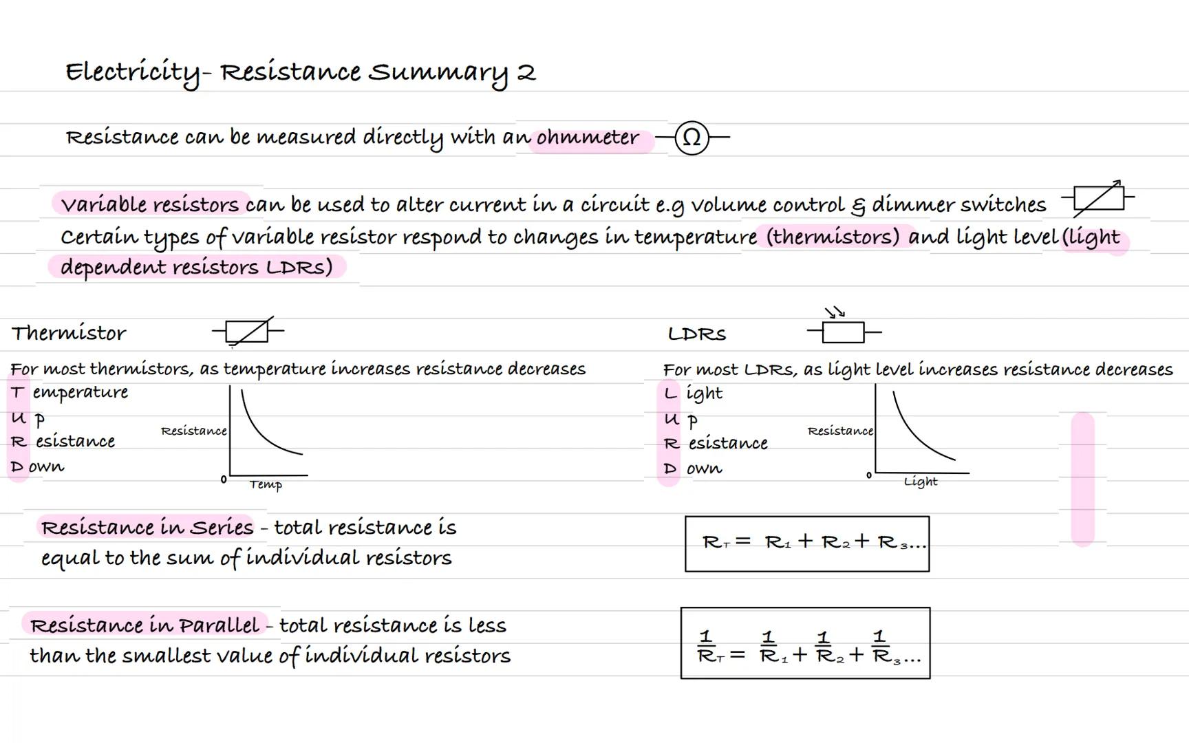 Electricity - Resistance Summary 1
Resistance is the opposition to the movement of charge through a material
Increasing the resistance in an