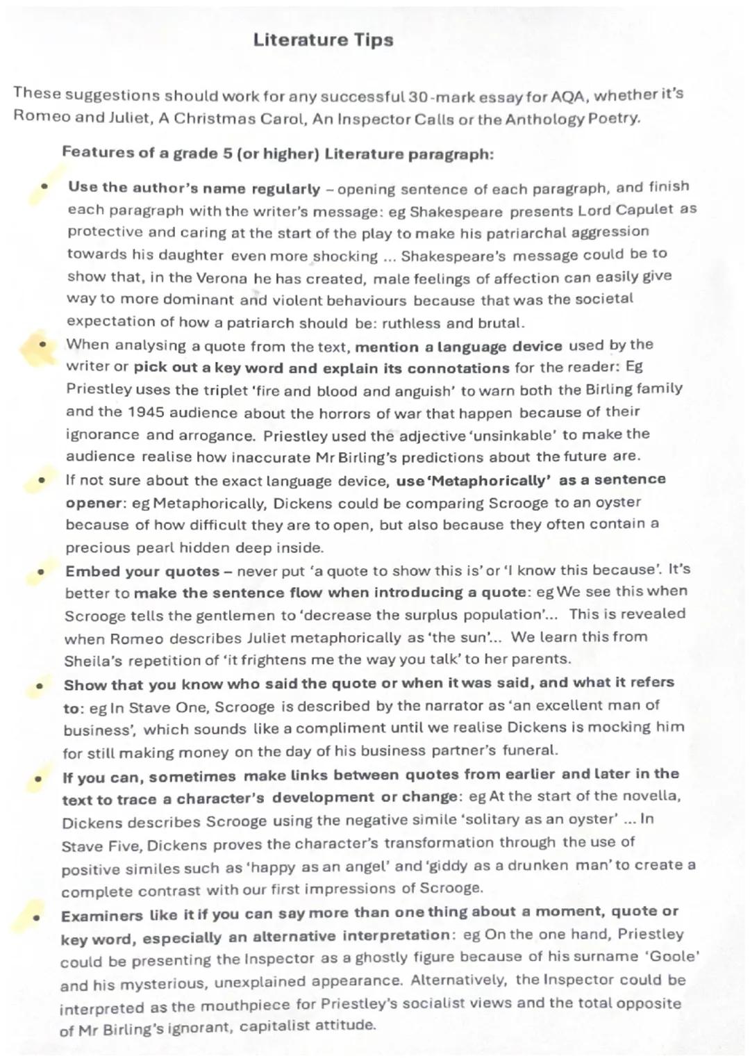 Literature Tips
These suggestions should work for any successful 30-mark essay for AQA, whether it's
Romeo and Juliet, A Christmas Carol, An
