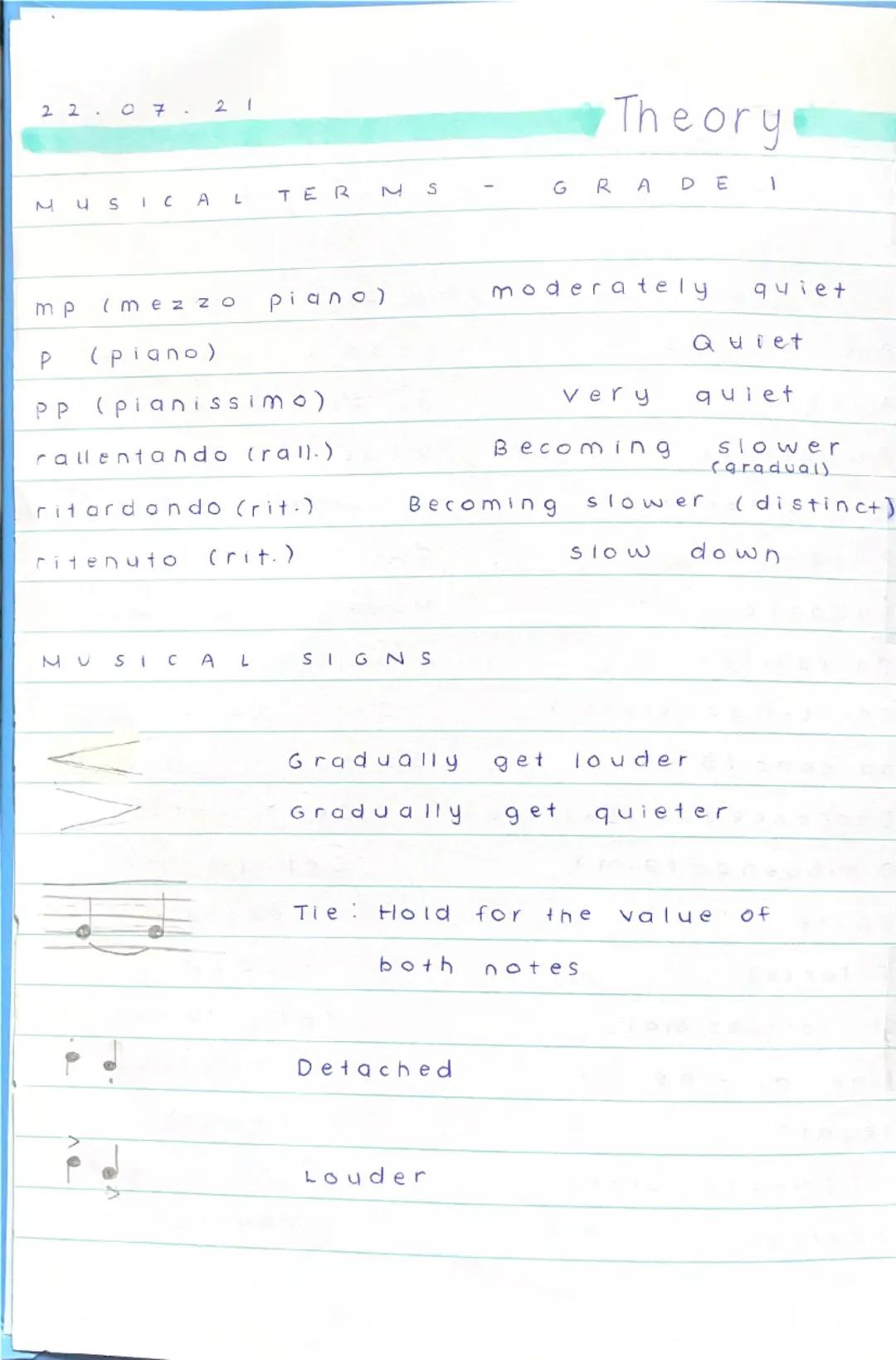 Theory
MUSICAL TERMS - GRADE 1
20.07.21
A tempo
play at normal speed
Accelerando
Gradually faster
Adagio
At a slow tempo
Allegretto
moderate